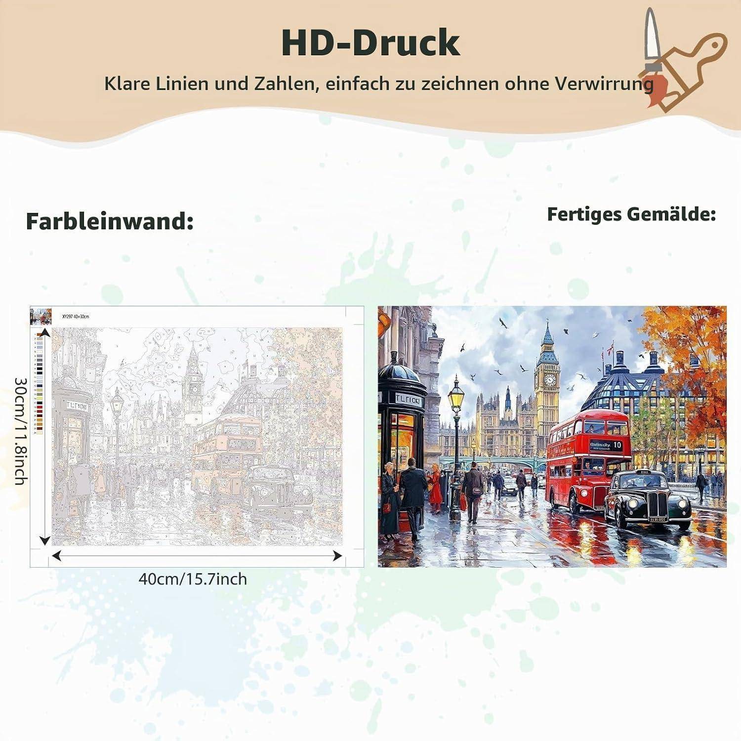 HD-Druck Angebot: Eine leere Malen-nach-Zahlen-Leinwand auf der linken Seite und das fertige bunte Gemälde einer Londoner Straße auf der rechten Seite, mit der Größe 40 x 30 cm.