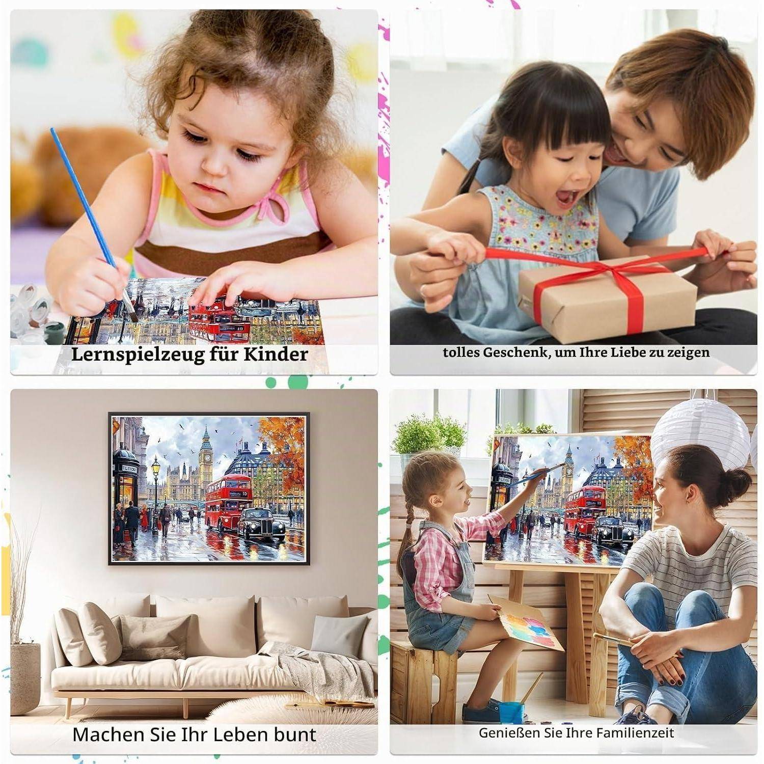 Werbekollage aus vier Szenen: Kind malt, Mutter und Kind öffnen ein Geschenk, gerahmtes Stadtlandschaftskunstwerk in einem Wohnzimmer, und Familie malt gemeinsam.