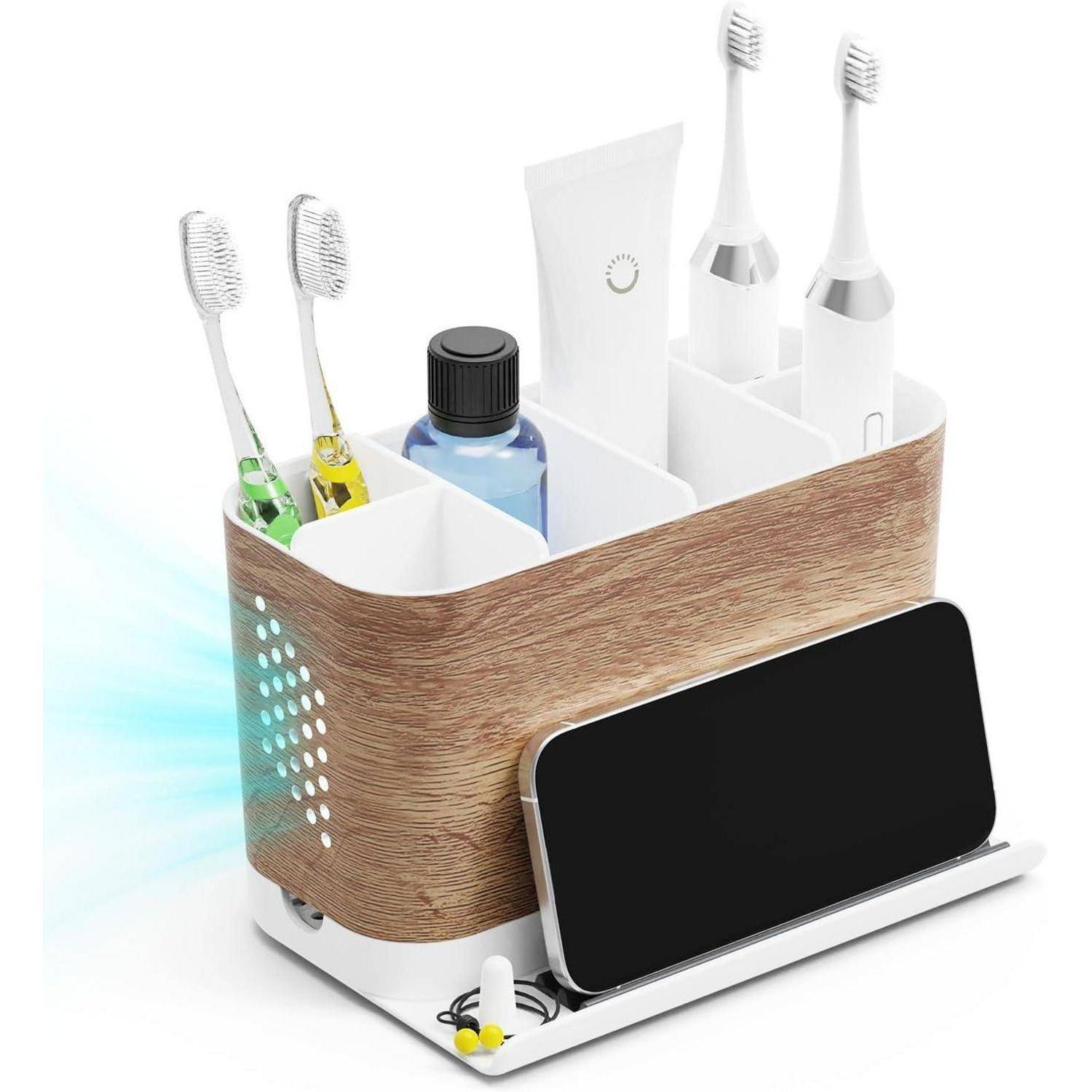 Badezimmer-Organizer-Caddy, der Zahnbürsten, Zahnpasta, Mundwasser und eine Ladestation für Elektrozahnbürsten mit Telefonständer hält.
