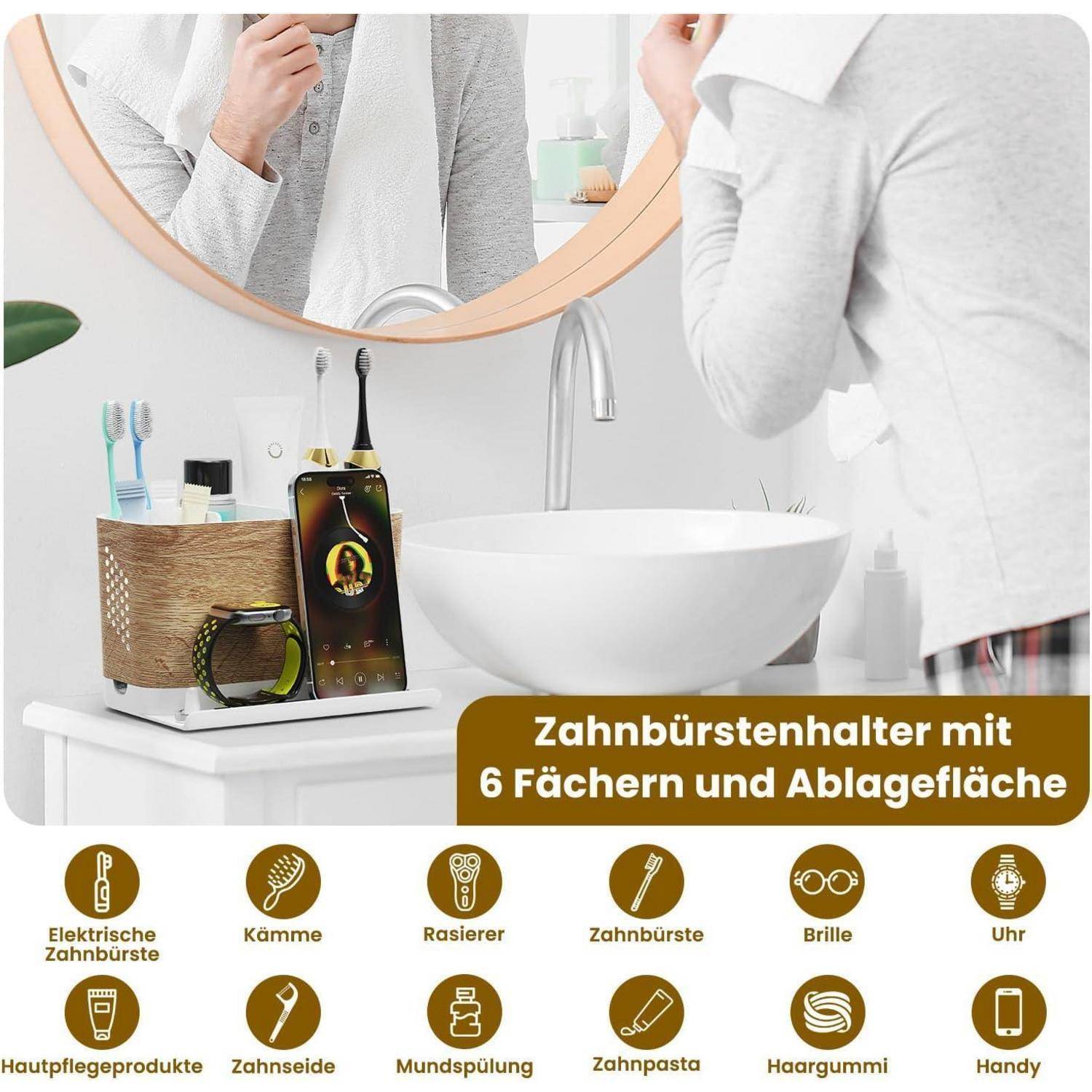 Badezimmer-Spülbereich mit einem 6-Fach-Zahnbürstenhalter und Regal, das eine elektrische Zahnbürste, Kamm, Rasierer, Bürste, Brille, Uhr, Zahnpasta, Mundwasser, Haarspange und Telefon zeigt.