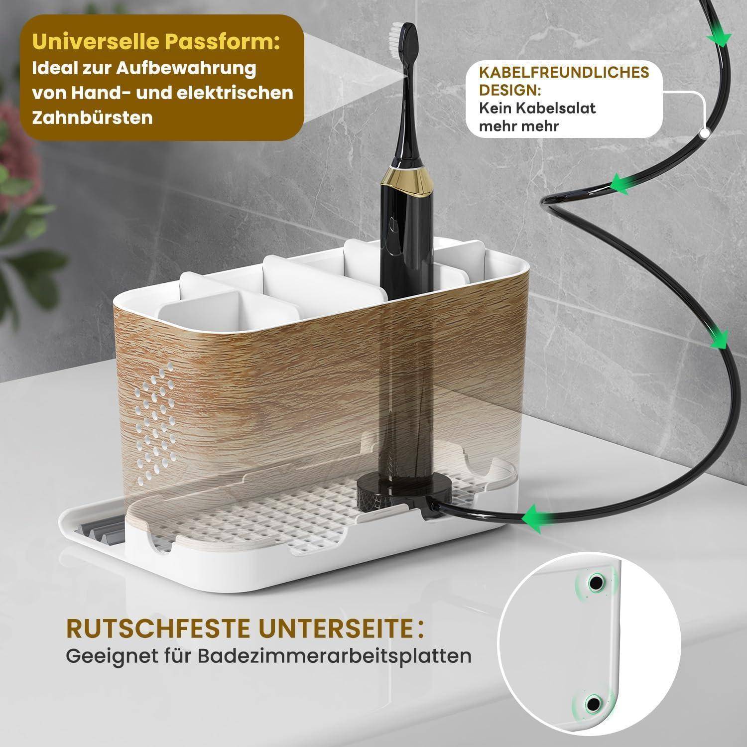 Zahnbürsten-Organizer mit universellen Fächern, kabelfreundlichem Design und rutschfestem Boden; fasst elektrische und manuelle Zahnbürsten auf der Badezimmerablage.