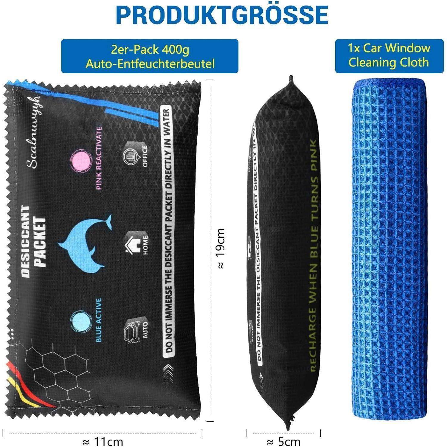 Produktgrößentabelle mit einer 2er-Packung 400g Auto-Entfeuchter-Tasche, einer einzelnen Entfeuchter-Tasche und einem blauen Auto-Fensterreinigungstuch mit ungefähren Abmessungen.