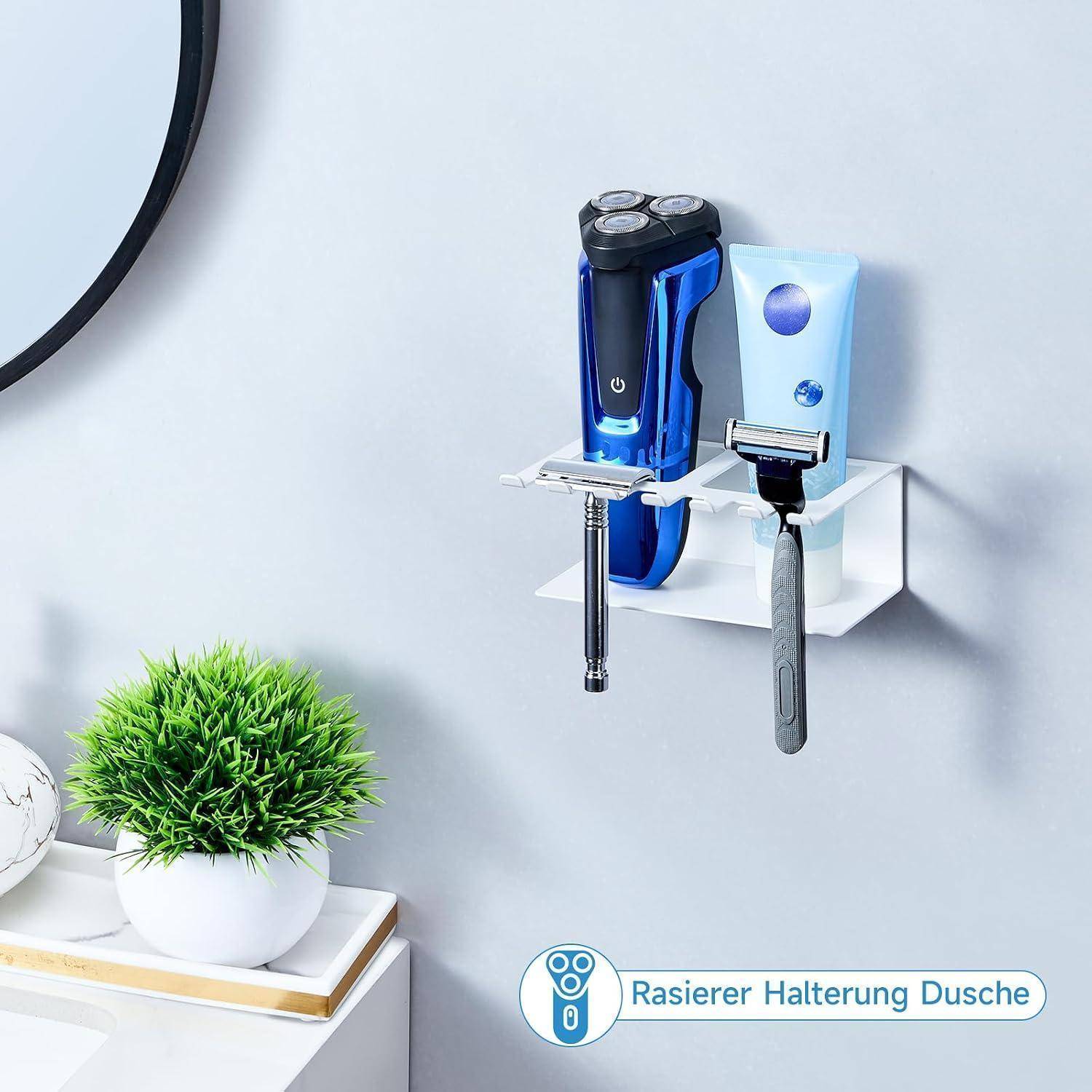 An der Wand montierter Badezimmerhalter zur Aufbewahrung eines elektrischen Rasierers und eines Rasiermessers über einem Regal, beschriftet mit „Rasierer Halterung Dusche