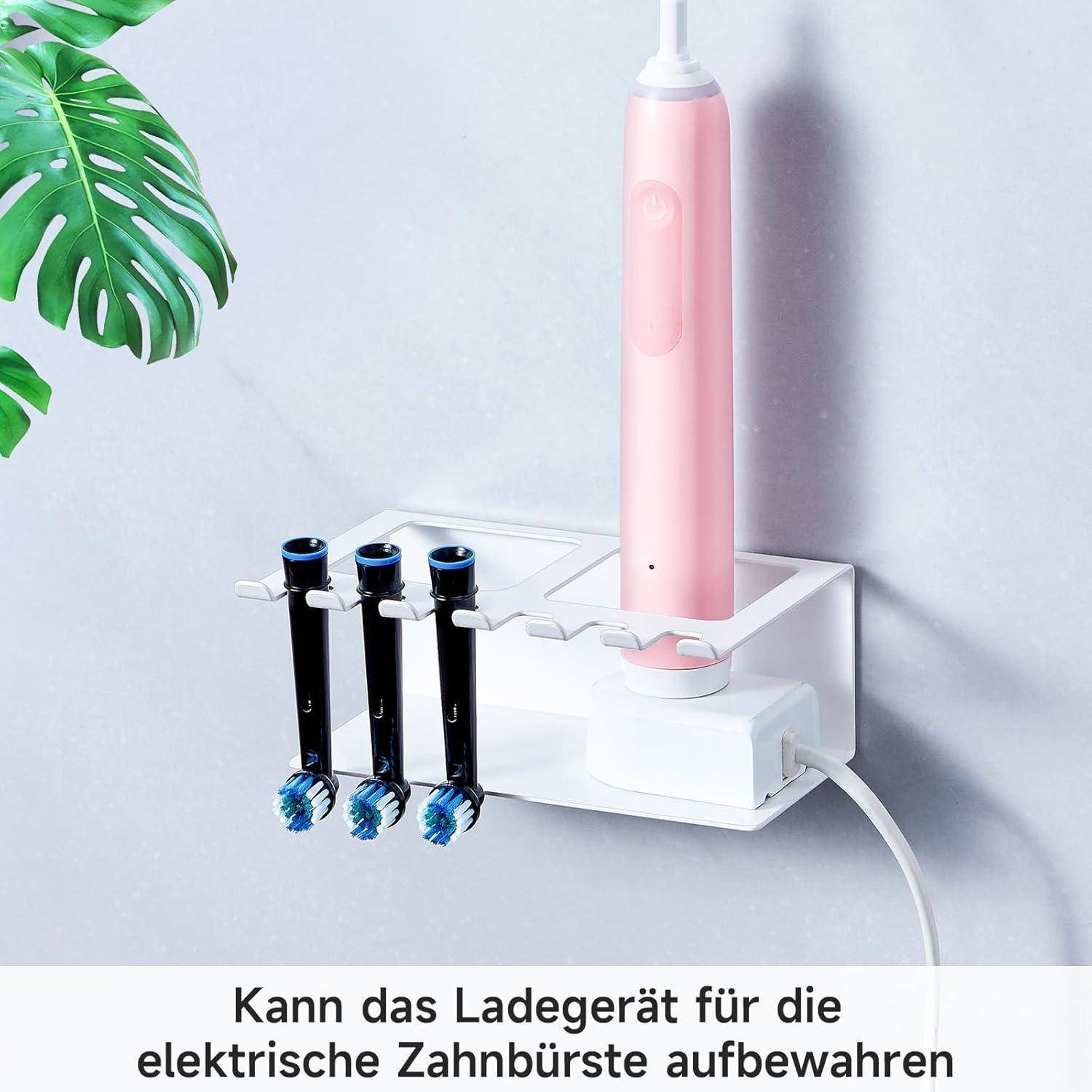 Rosa elektrische Zahnbürste, die auf einer weißen Lade-/Lagerbasis steht, mit drei Ersatzbürsten; deutscher Text sagt „Kann das Ladegerät die elektrische Zahnbürste lagern