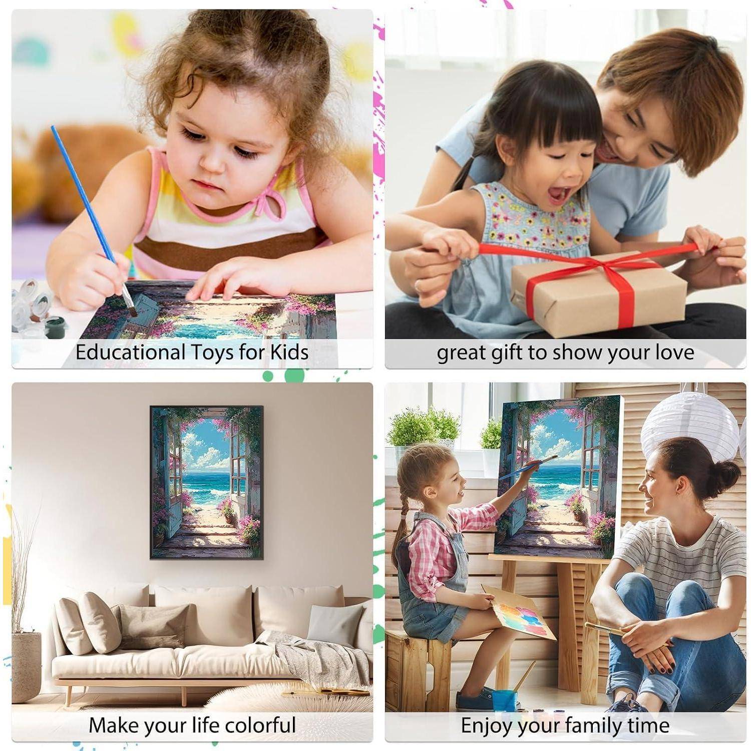 Collage aus vier Lifestyle-Szenen: ein Kind beim Malen, ein Elternteil und Kind beim Auspacken eines Geschenks, ein farbenfrohe Wohnzimmer und eine Mutter und Kind beim gemeinsamen Malen.