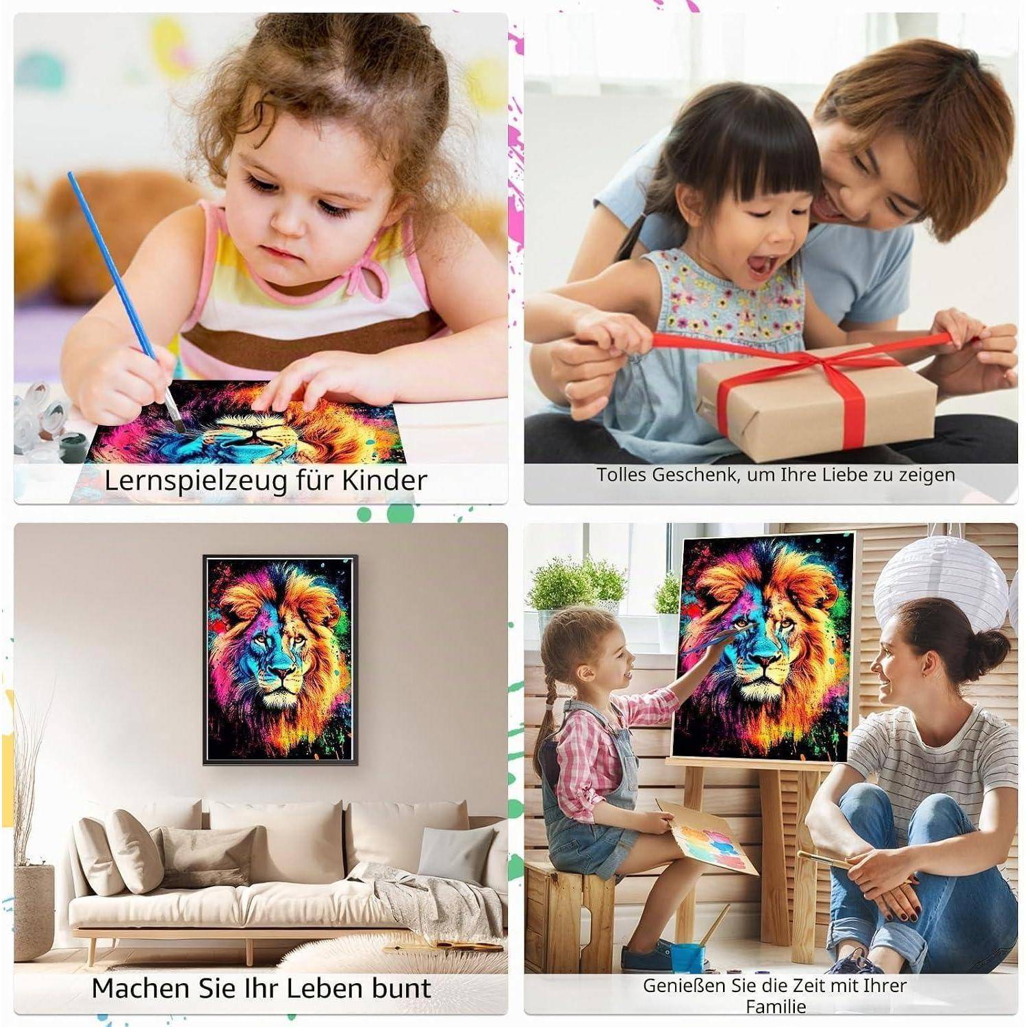 Werbekollagen von Diamond-Painting-Szenen: Kinder malen und öffnen ein Geschenk, und ein buntes Löwen-Kunstwerk, das in einem Wohnzimmer ausgestellt ist.
