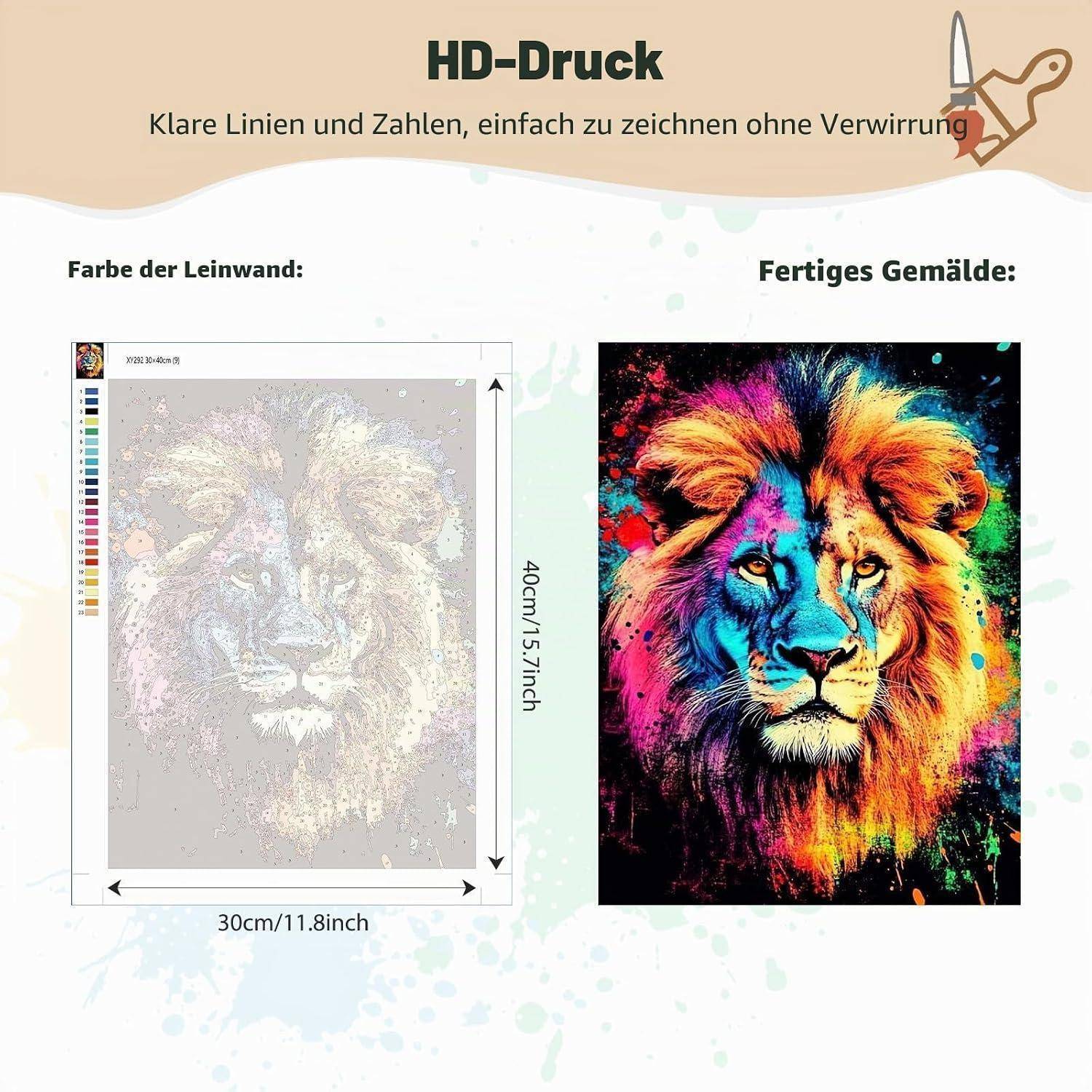 Werbekomparison einer HD-Malen-nach-Zahlen-Leinwand und des fertigen farbenfrohen Löwengemäldes, das die Abmessungen von 30x40 cm und das Leinwand-zu-Kunstwerk-Ergebnis zeigt.
