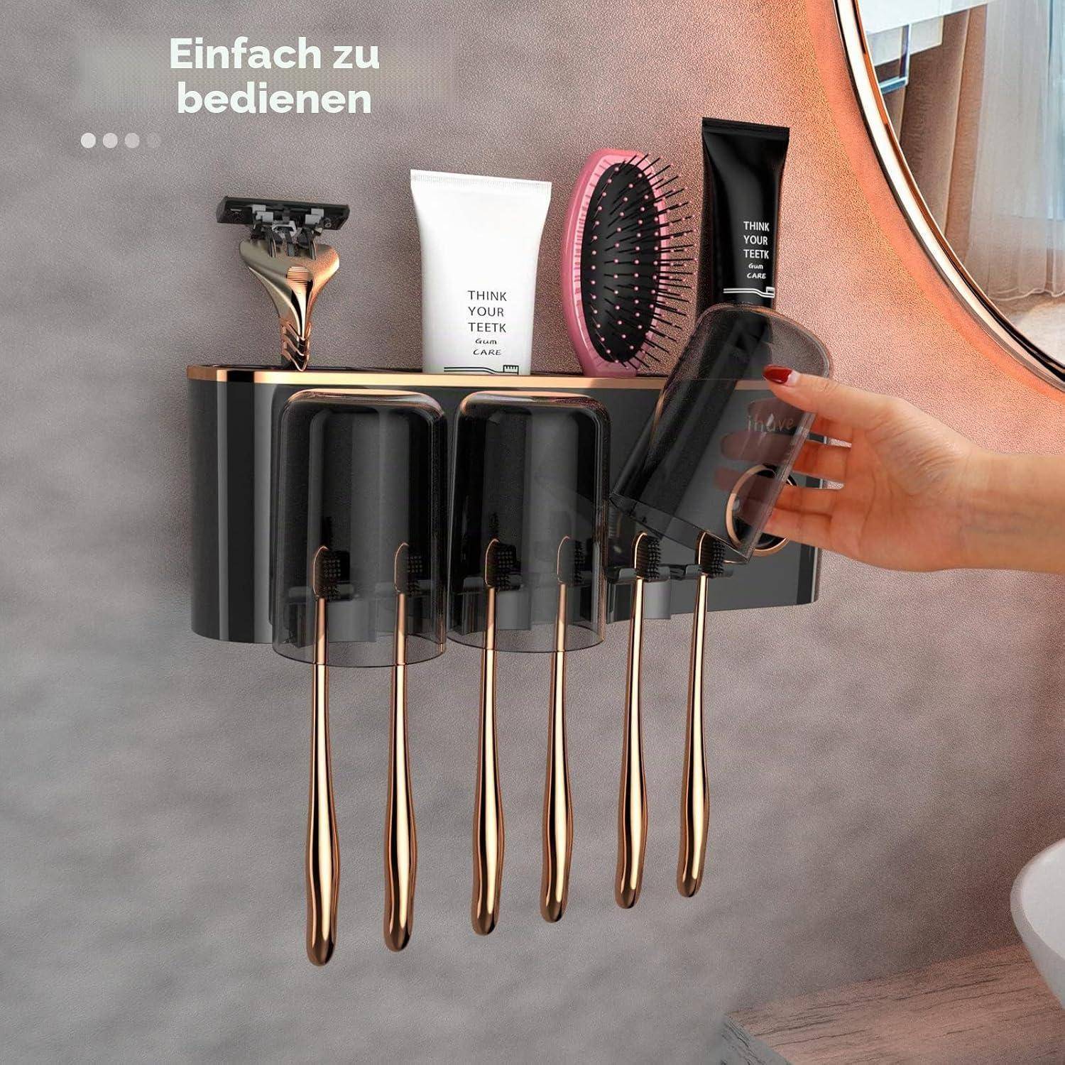 iHave Zahnbürstenhalter Wand mit Zahnpastaspender, Toothbrush Holder mit 3 Zahnputzbechern, elektrische Zahnbürste Halter ohne Bohren, Badezimmer Or