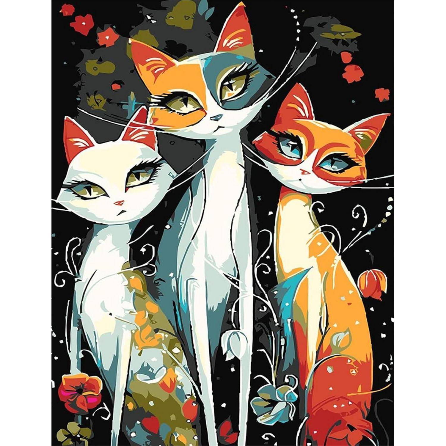 Stilisierte Illustration von drei farbenfrohen Katzen, die zusammen auf einem dunklen Hintergrund mit Blumenakzenten stehen.