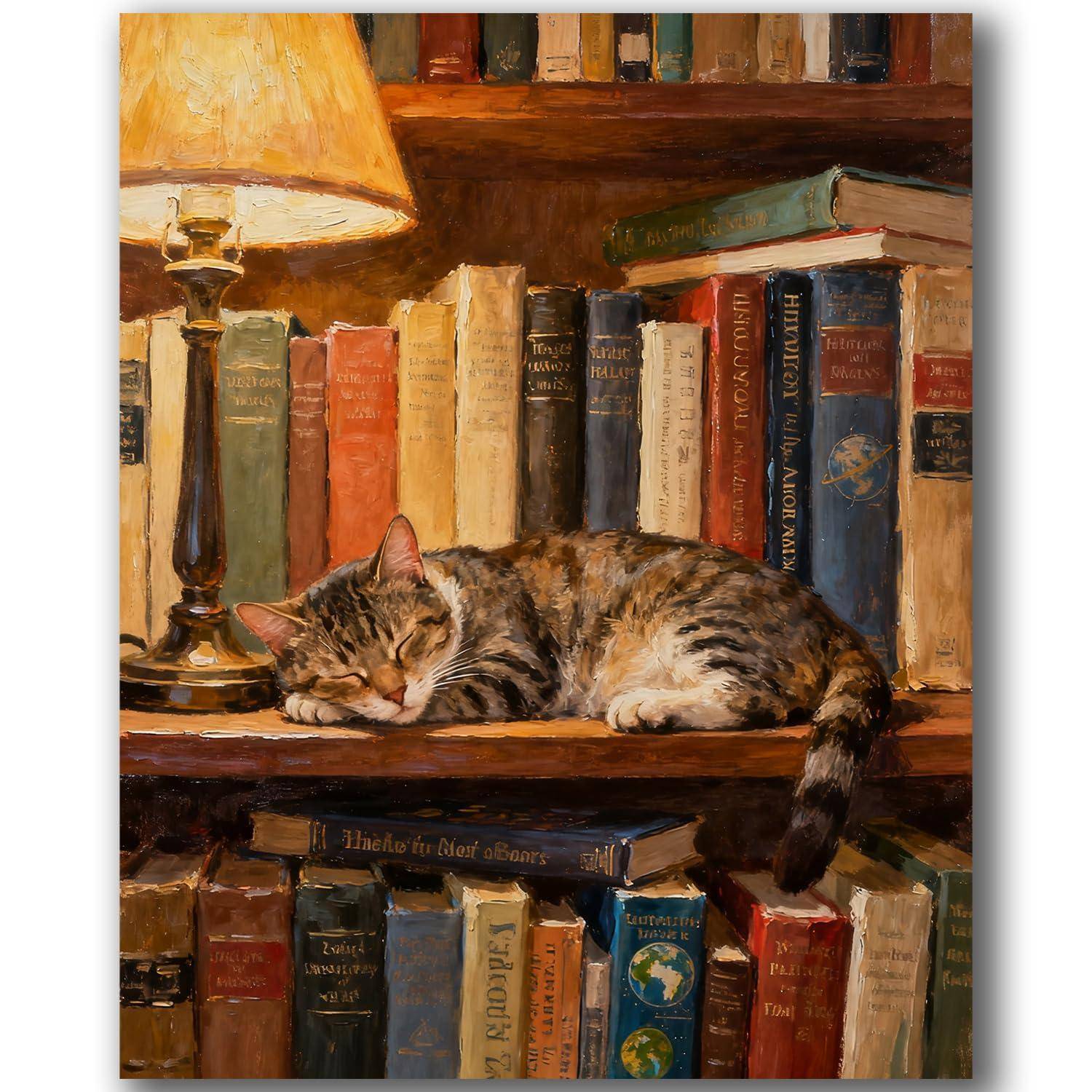 Getigerte Katze, die auf einem Bücherregal neben einer brennenden Lampe schläft, mit Reihen von Büchern dahinter und darunter.