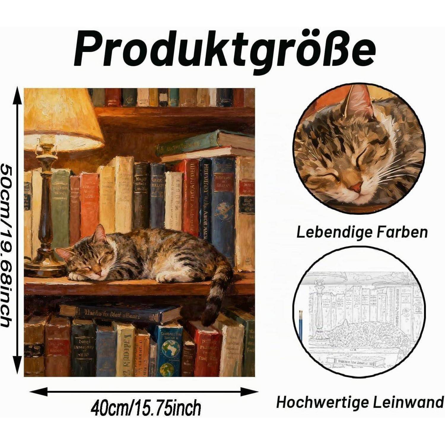 Größentabelle für ein Katzengemälde auf Leinwand, das 50 cm x 40 cm zeigt, mit Detailaufnahme mit der Bezeichnung 