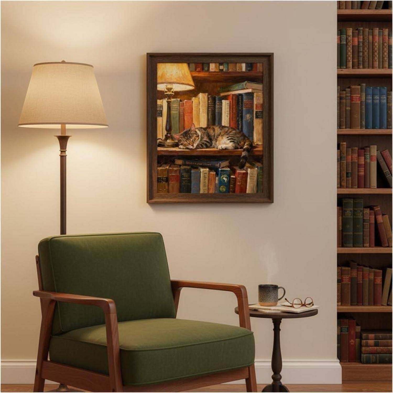 Gemütliche Leseecke mit grünem Sessel, Stehleuchte, Beistelltisch mit Tasse und Gläsern, Bücherregalen und einer schlafenden Katze in einer gerahmten Bücherregal-Szene.