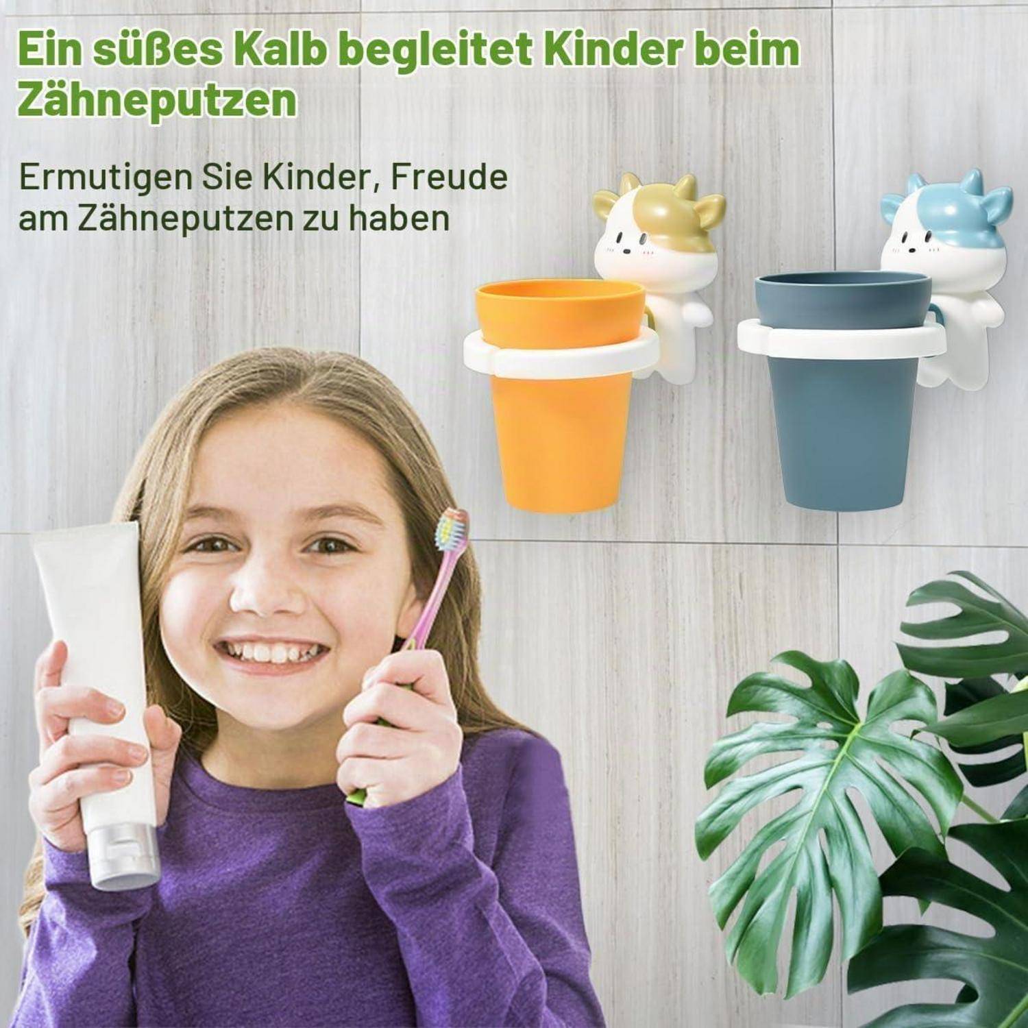 Werbebild eines lächelnden Mädchens, das Zahnpasta und eine Zahnbürste hält, mit kalbthematischen Zahnbürstenhaltern und deutschem Text, der Kinder ermutigt, sich beim Zähneputzen zu freuen.