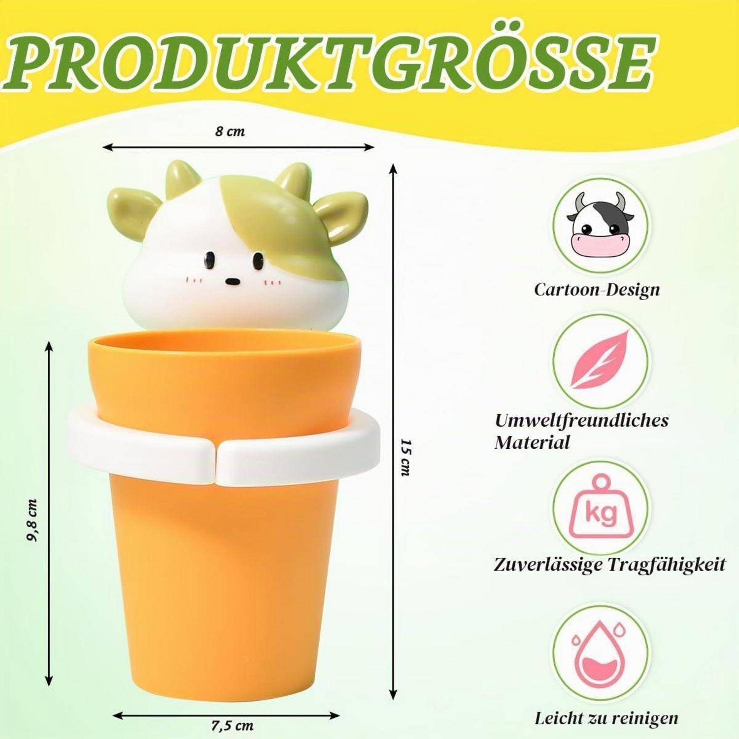 Größendiagramm einer kuhthematischen Tasse: 8 cm breit, 15 cm Gesamthöhe, 9,8 cm Tassenhöhe und 7,5 cm Basisbreite, mit Symbolen für Cartoon-Design, umweltfreundliches Material, zuverlässige Tragfähigkeit und einfache Reinigung.