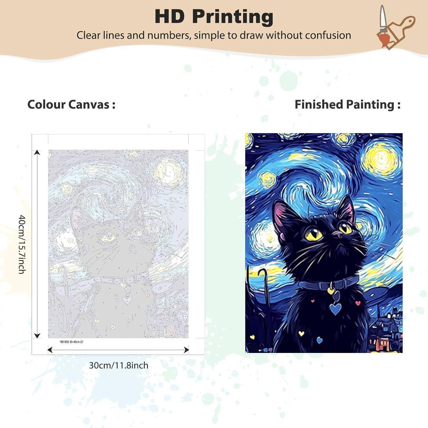 Produktbild zum Vergleich einer Malen-nach-Zahlen-Leinwand mit ihrem fertigen Gemälde einer schwarzen Katze unter einem Sternenhimmel; Leinwandgröße wird mit 30 cm mal 40 cm angegeben.