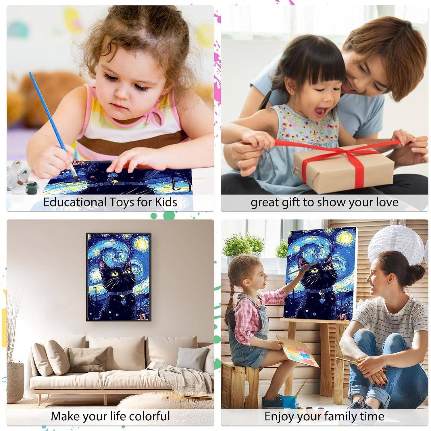 Collage aus vier Werbeszenen: ein Kind malt, ein Elternteil und Kind öffnen ein Geschenk, eine Katze malt an einer Wand, und eine Familie malt zusammen, mit Beschriftungen über Kinderspielzeug, Liebe, buntes Leben und Familienzeit.