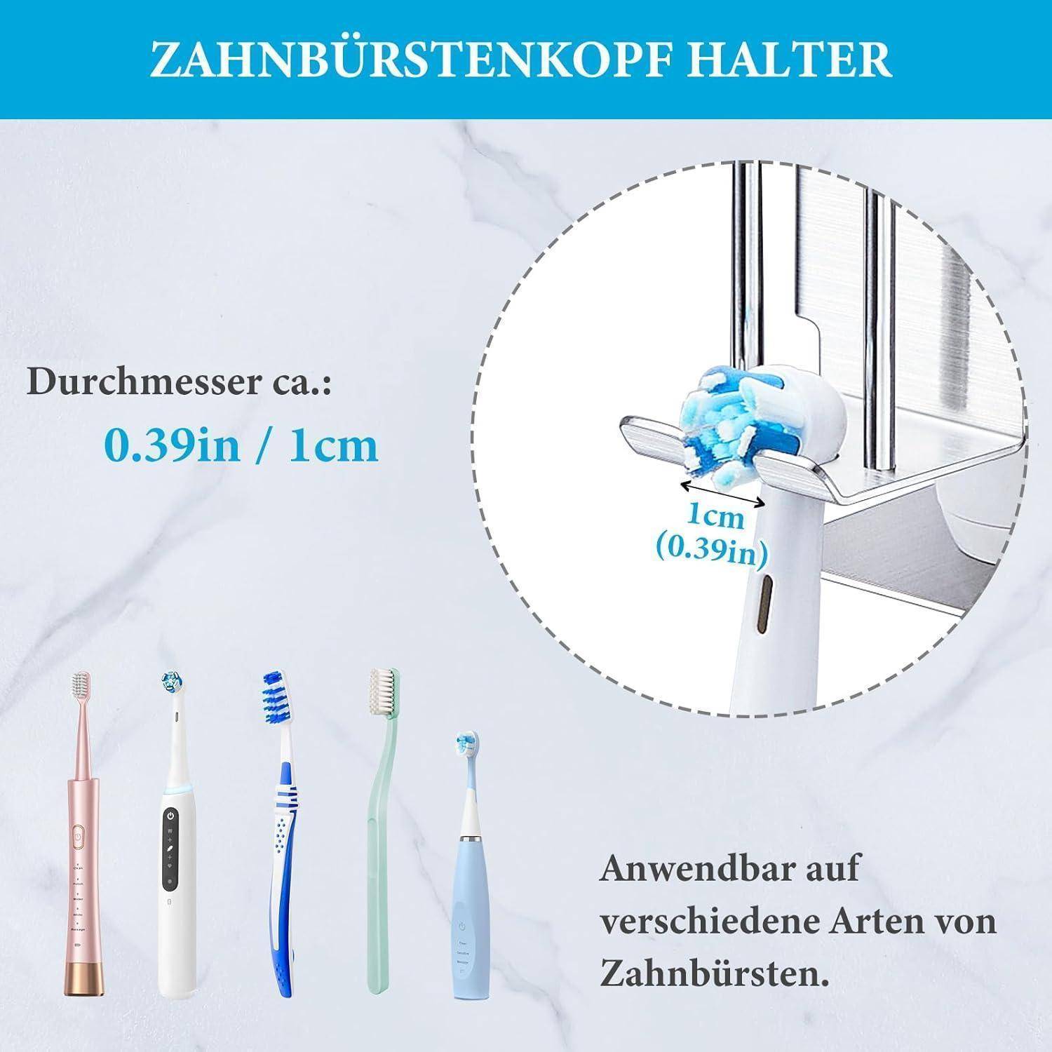 Produktgrafik zeigt einen Zahnbursthalter; der Durchmesser beträgt etwa 1 cm (0,39 Zoll) und er passt zu verschiedenen Zahnbursttypen.