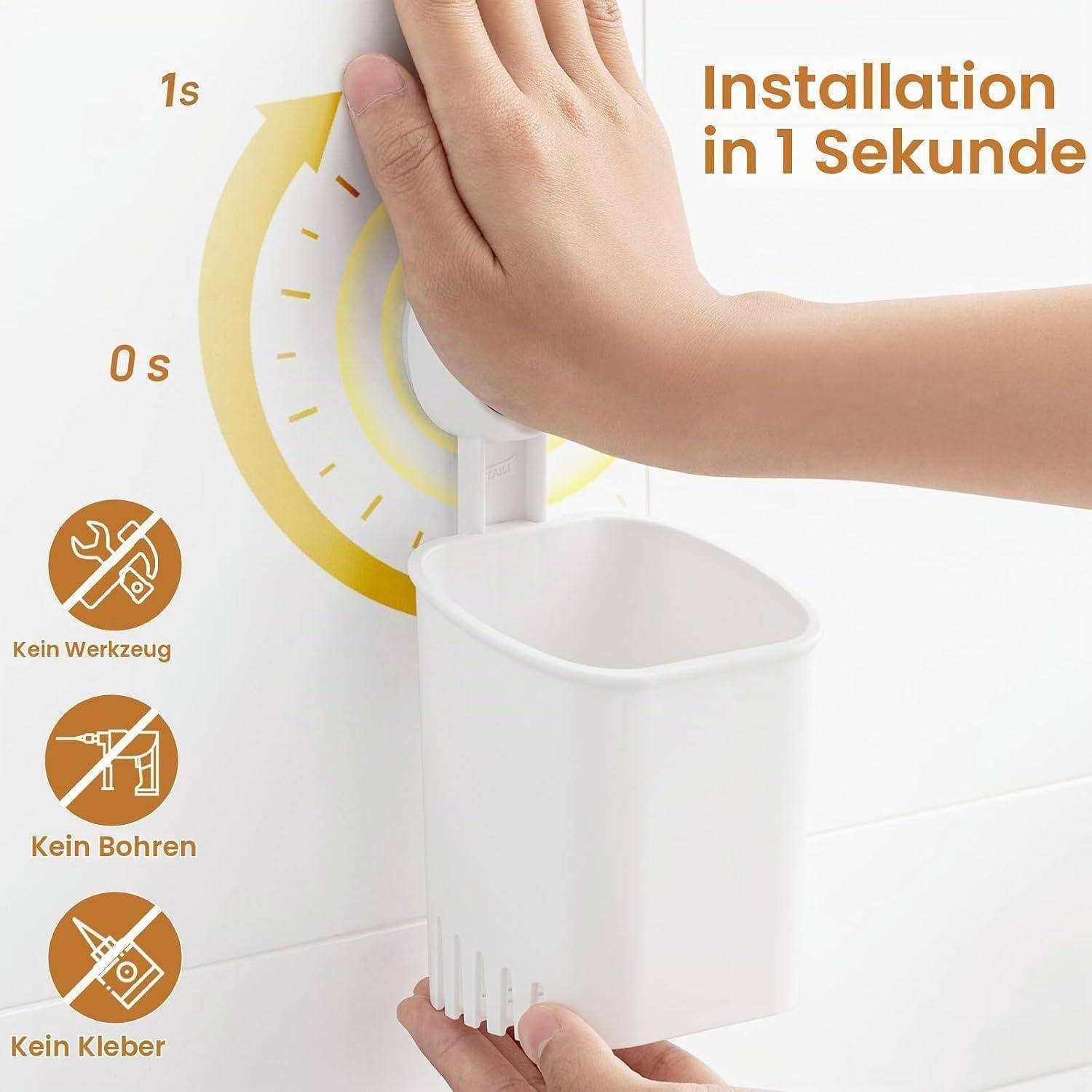 Hand installiert einen weißen wandmontierten Halter mit Text „Installation in 1 Sekunde
