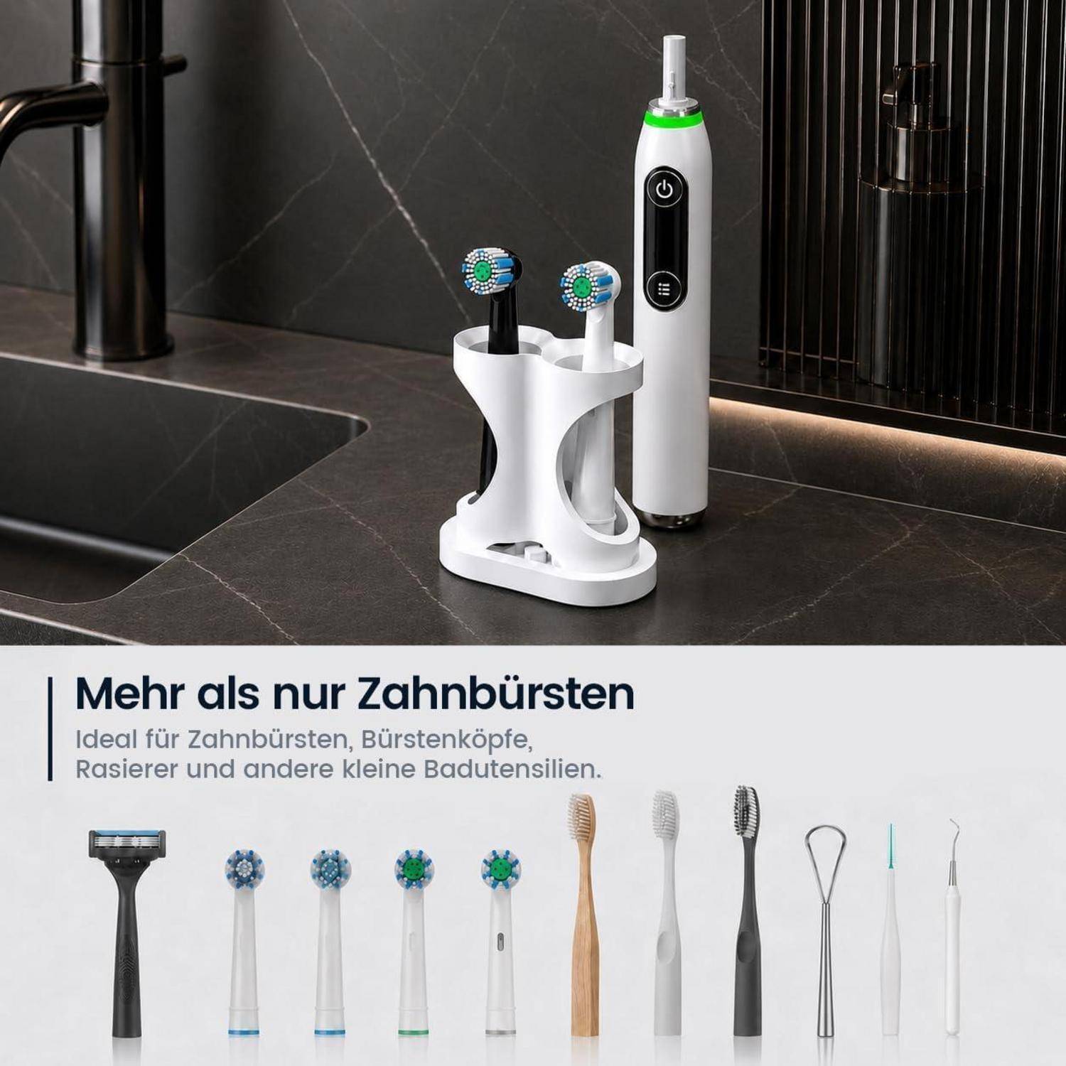 Zahnbürstenhalter mit Saugnapf Nicht Umfallen, Weiß | Aufsteckbürsten Halter für Elektrische Zahnbürste Oral B iO, Philips Sonicare, Zungenschabe