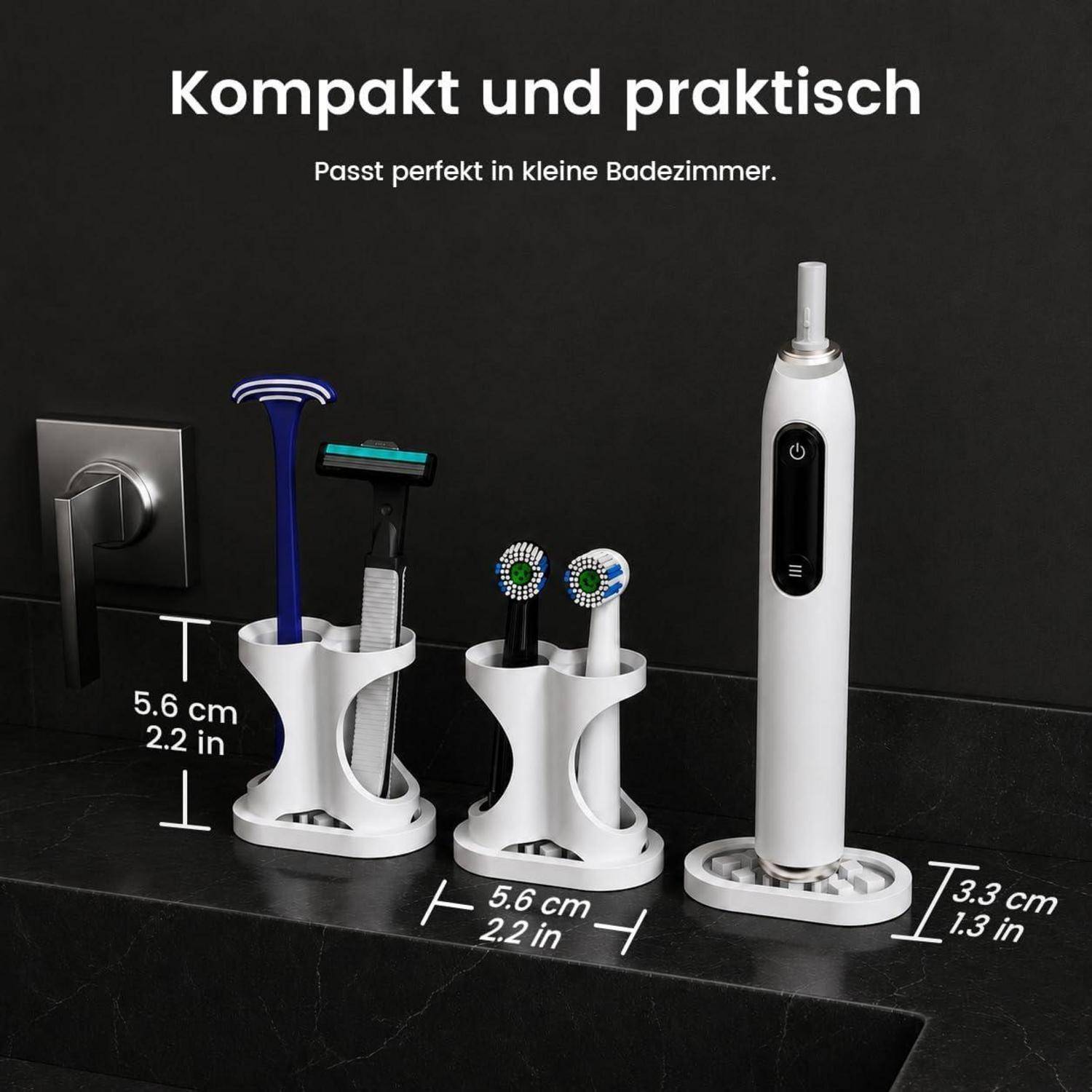 Badezimmer-Zubehörsatz mit Zahnbürsten-, Rasierer- und elektrischen Zahnbürstenhaltern; deutscher Text besagt „Kompakt und praktisch