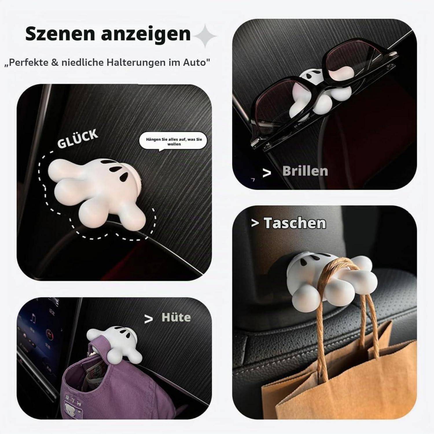 Werbe-Collage eines süßen weißen bärenförmigen Autohalters, das zeigt, dass er Brillen, Taschen und Hüte halten kann, mit deutschem Text „Szenen anzeigen