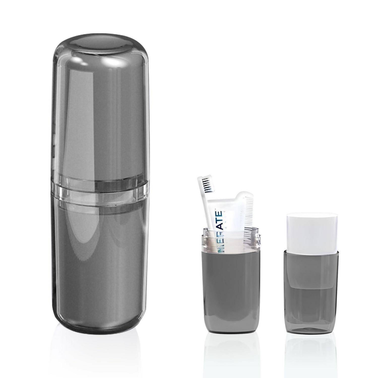 Graues Reise-Toilettenset mit großem durchsichtigem Reißverschlussetui, Zahnbürste und Zahnpasta in einem kleinen Becher und einem passenden kleinen Behälter oder einer passenden kleinen Flasche