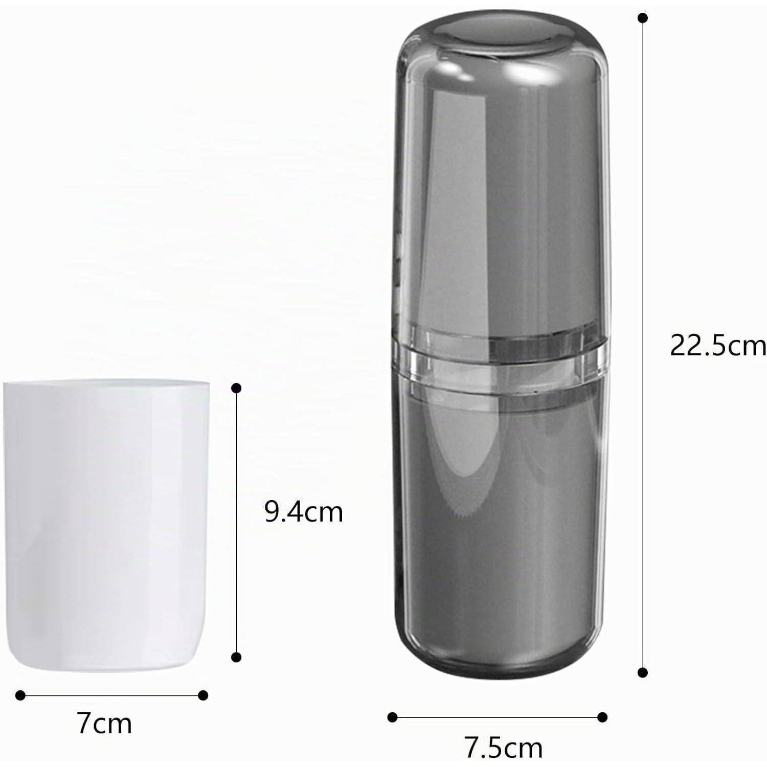 Produktgrößenvergleich: Ein weißes becherartiges Behältnis, 9,4 cm hoch und 7 cm breit, neben einem grauen zylindrischen Etui, 22,5 cm hoch und 7,5 cm breit.