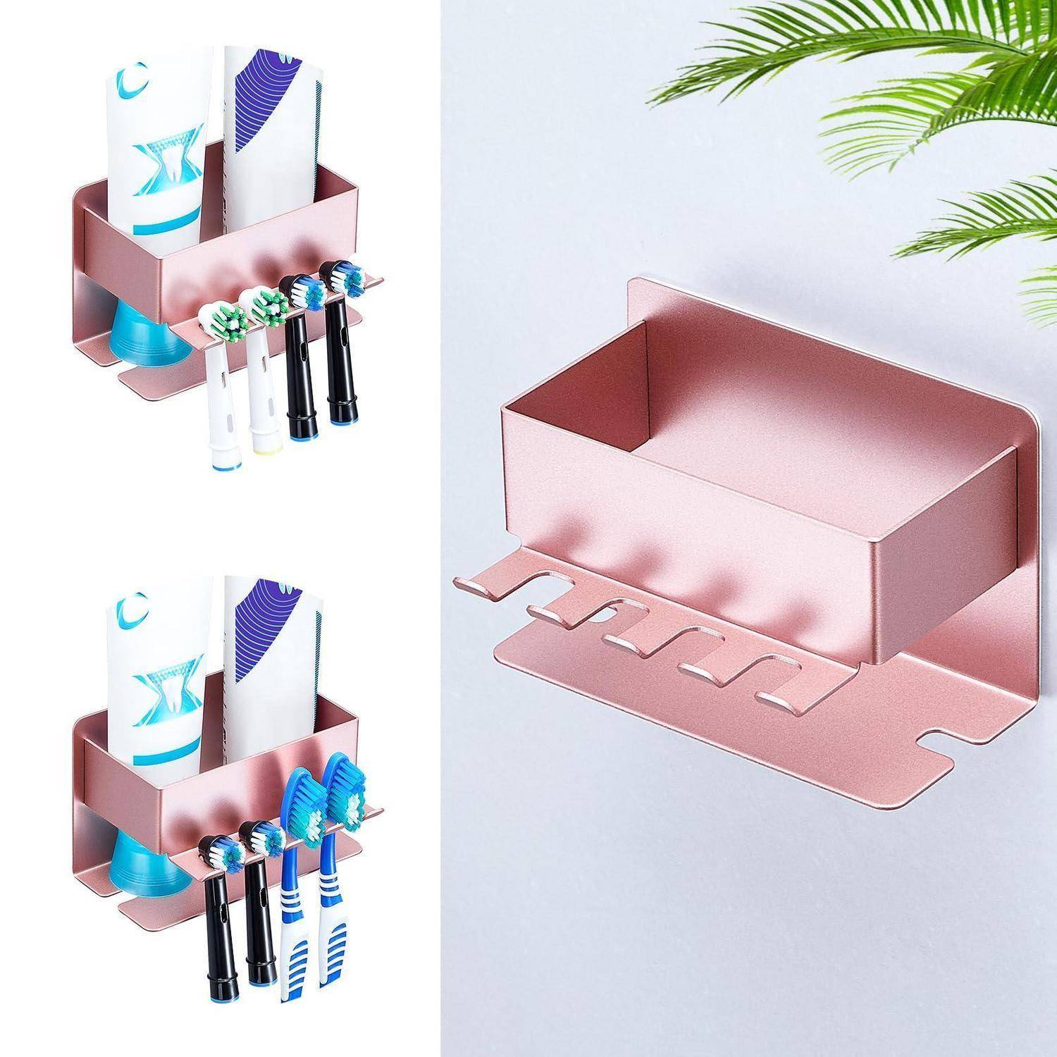 Roségold-Wandmontage-Badezimmerorganizer mit Schlitzen für Zahnbürsten und Tuben, gezeigt mit und ohne darin gelagerten Bürsten und Zahnpasta.