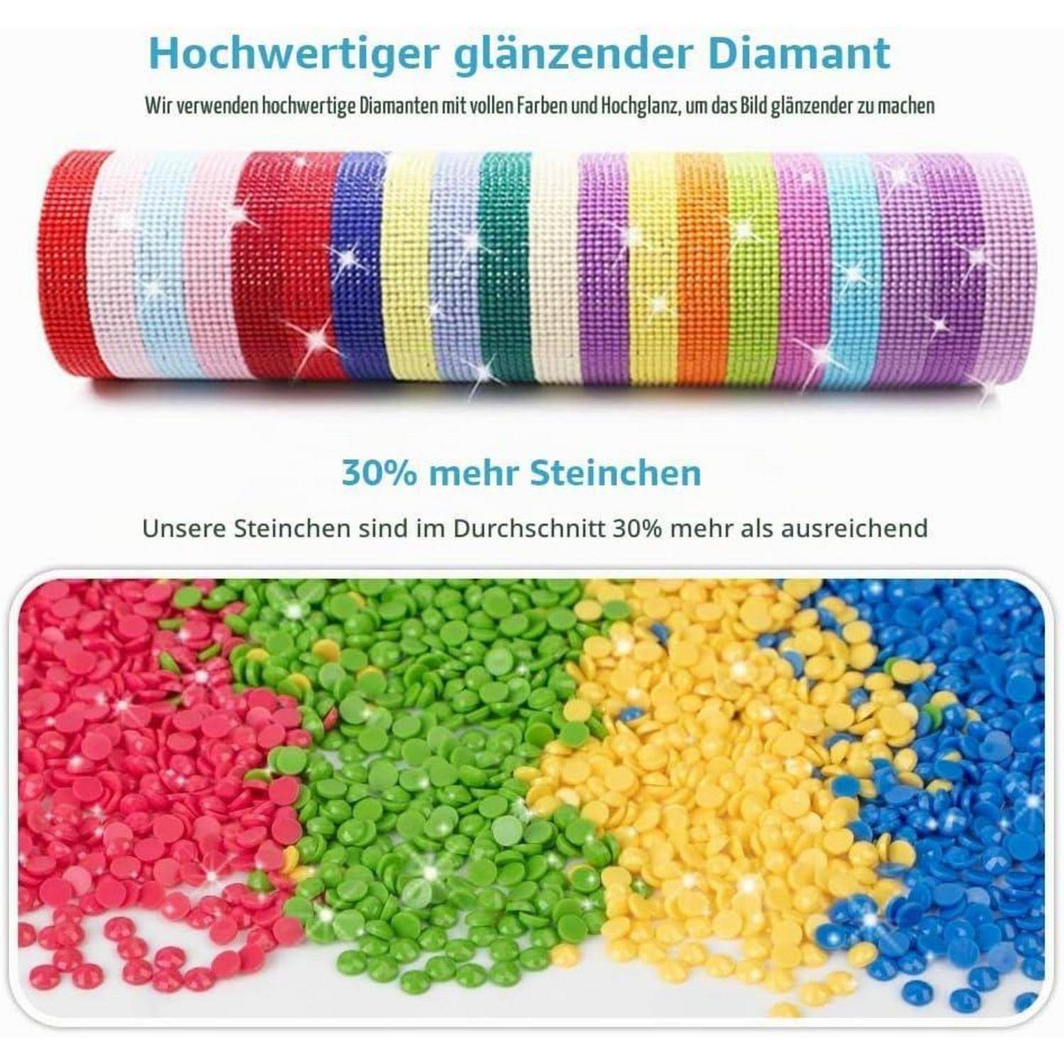 Deutsches Produktgrafik, die einen hochglänzenden Diamanten bewirbt: eine regenbogenfarbige Rolle von Steinen über dem Text „30% mehr Steinchen