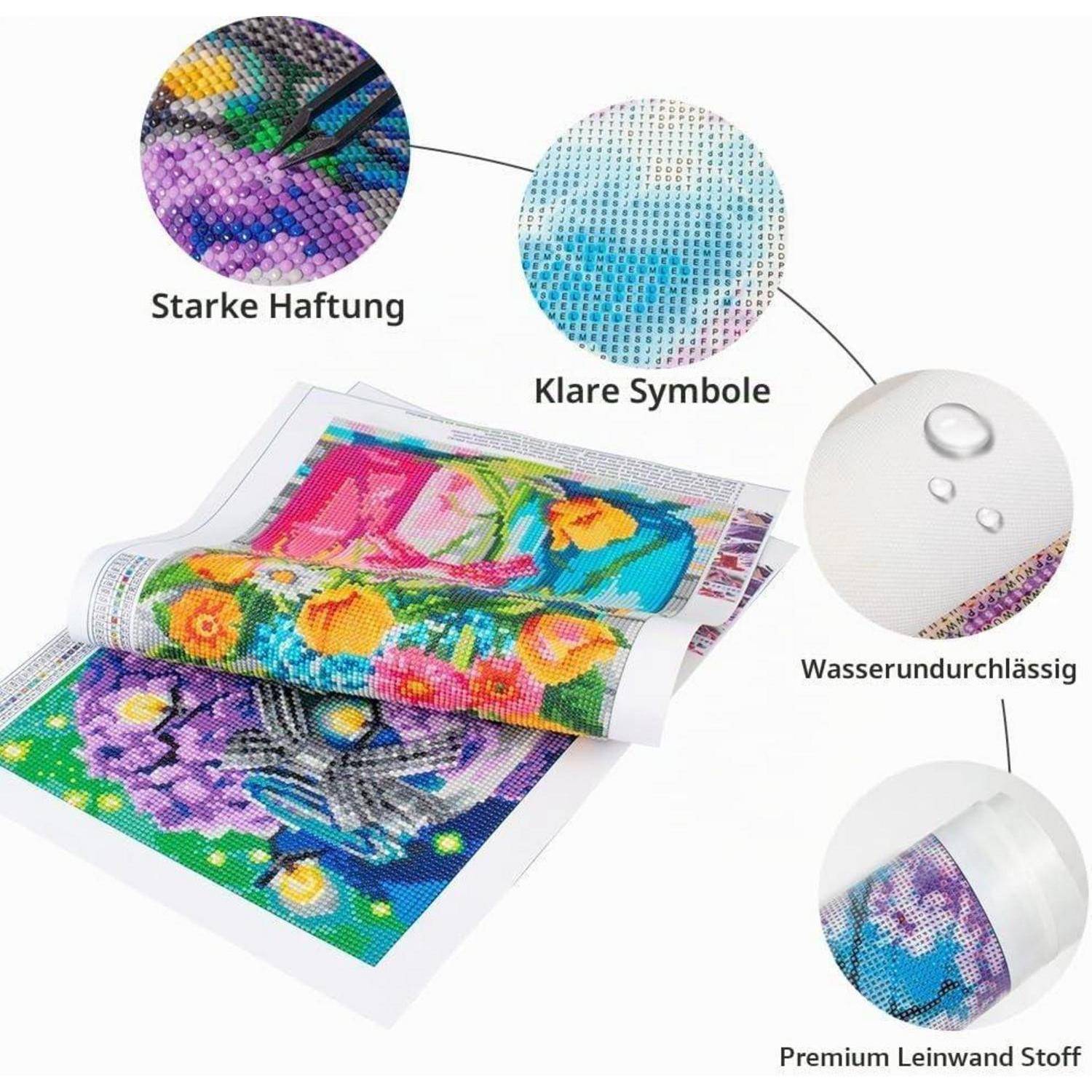 Werbegrafikdes Diamond-Painting-Leinwands mit starker Haftung, klaren Symbolen, wasserdichter Oberfläche und hochwertigem Leinenstoff mit farbenfrohem fertiggestelltem Kunstwerk.