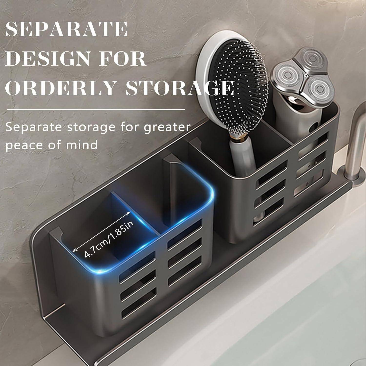 Badezimmer-Caddy mit separaten Fächern für Haarbürste, Elektrorasierer und weitere Toilettenartikel, beschriftet mit „SEPARATE DESIGN FOR ORDERLY STORAGE