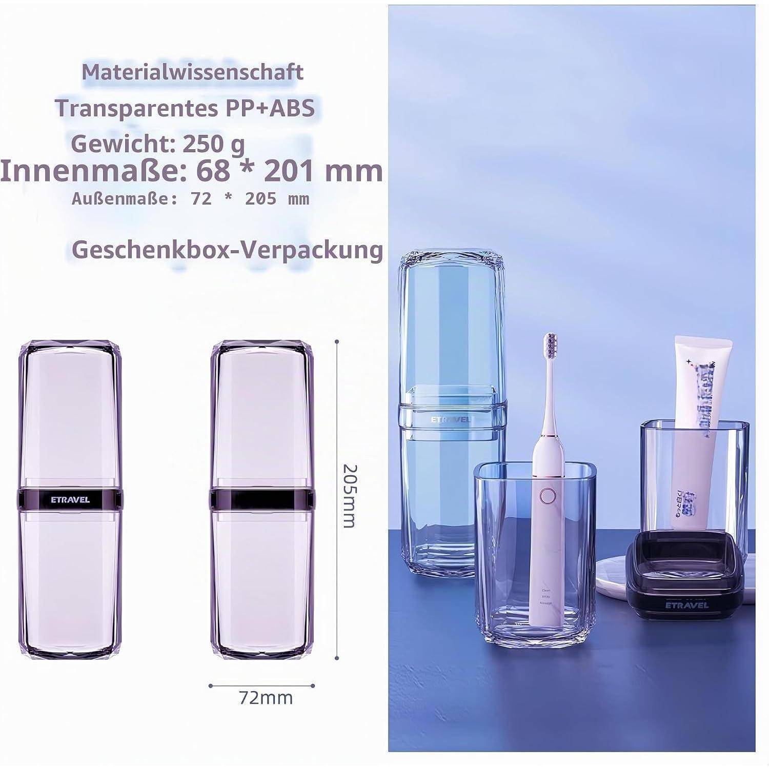 Produktbild eines transparenten PP+ABS Reisekoffers, dargestellt mit Abmessungen von 72 mm x 205 mm und einer Geschenkkartonverpackung, zusammen mit Beispielen zum Halten einer Zahnbürste, Tube und anderen Toilettenartikeln.
