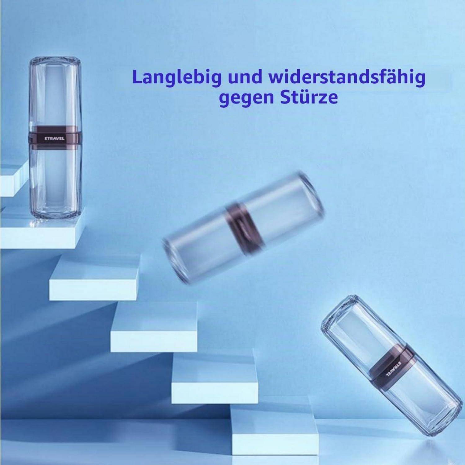 Glasetui-Flasche, die langlebig und stoßresistent ist, mit deutschem Text „Langlebig und widerstandsfähig gegen Stürze
