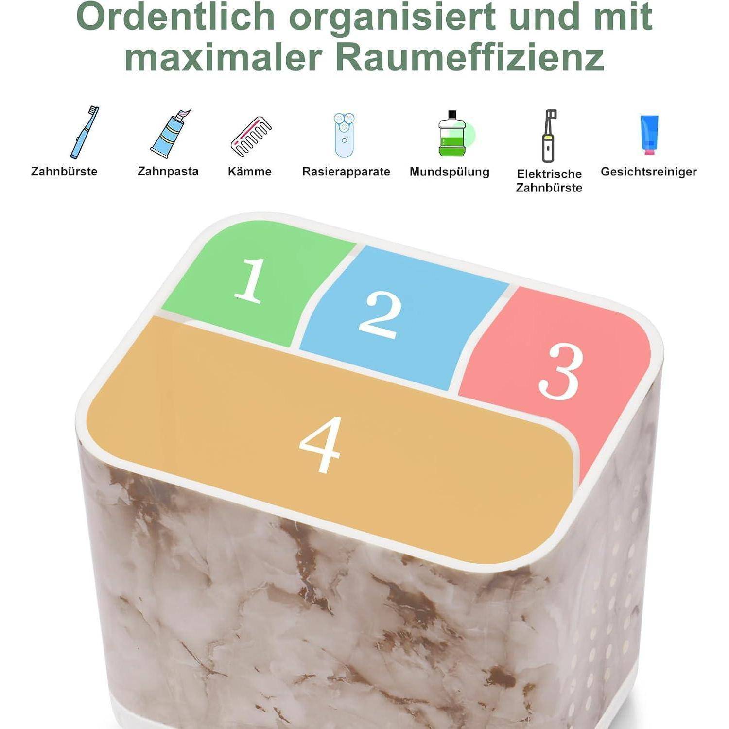 Ein vierteiliger Organizer mit den Beschriftungen 1, 2, 3 und 4, dargestellt mit Symbolen für Zahnbürste, Zahnpasta, Kamm, Rasierer, Mundwasser, elektrische Zahnbürste und Gesichtsreiniger; deutscher Text besagt, dass er ordentlich organisiert und platzsparend ist.