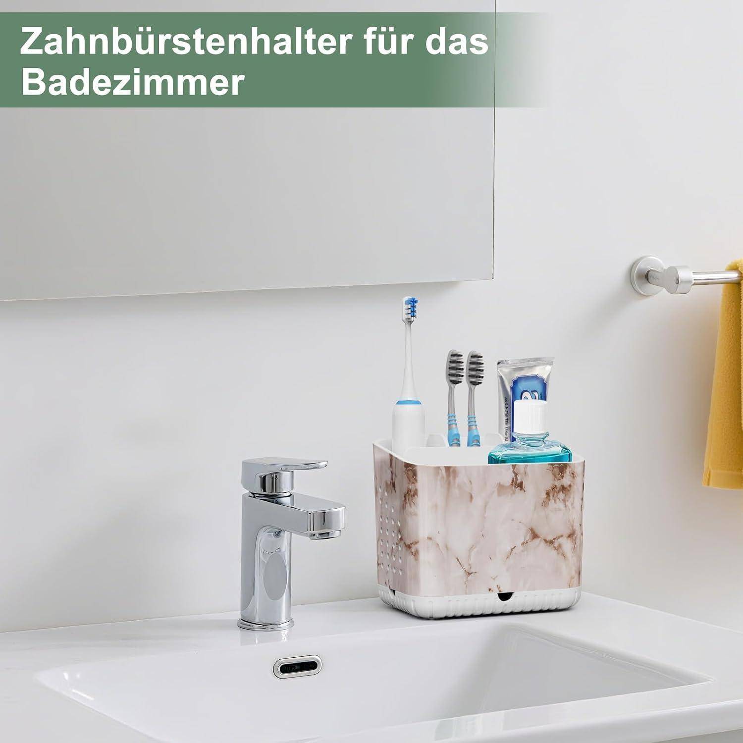 Zahnbürstenhalter für das Badezimmer neben einem Waschbecken und Wasserhahn, in dem Zahnbürsten und Zahnpasta aufbewahrt werden; deutscher Text lautet „Zahnbürstenhalter für das Badezimmer