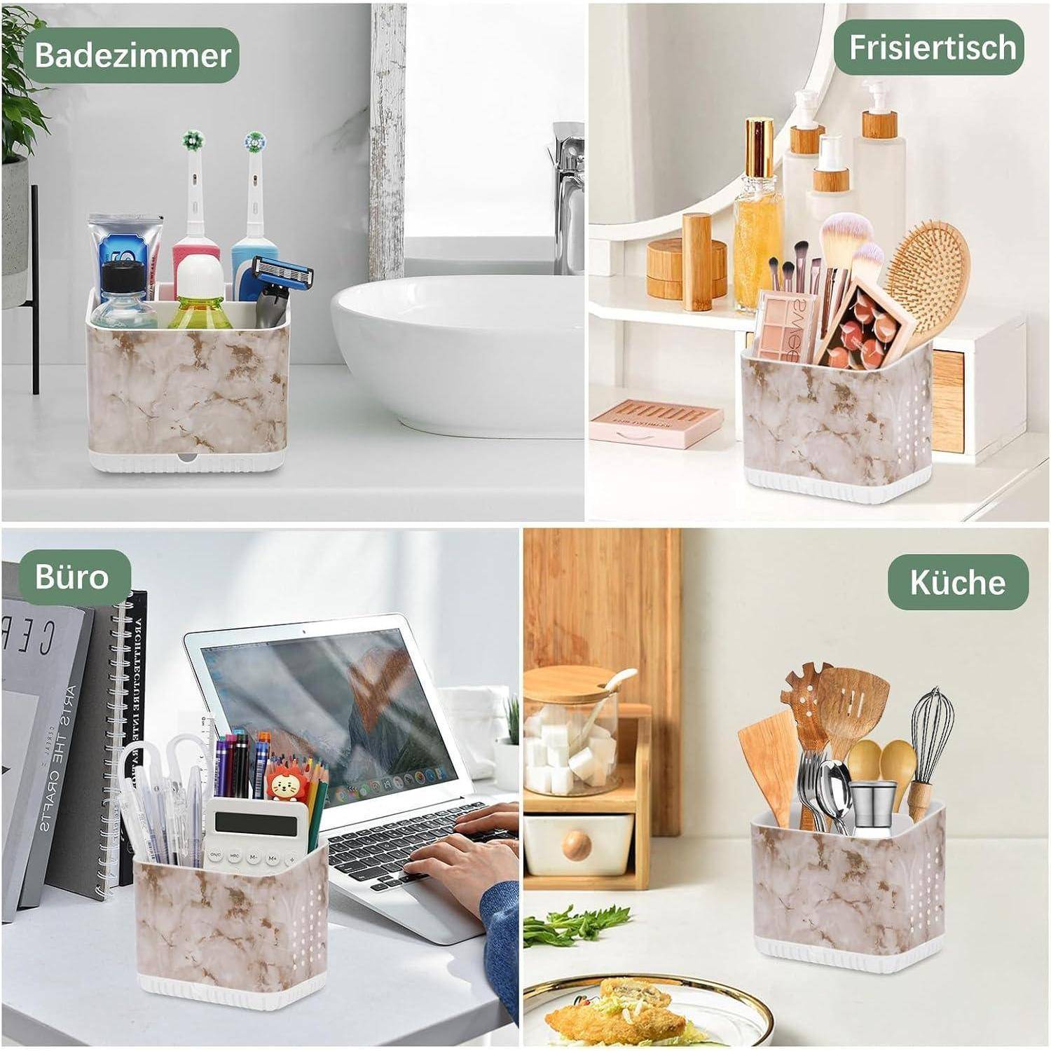 Collage zeigt ein Aufbewahrungskästen mit Marmoroptik, das im Badezimmer, an der Frisiertischplatte, im Büro und in der Küche verwendet wird; hält Toilettenartikel, Kosmetikprodukte, Stifte und Utensilien.