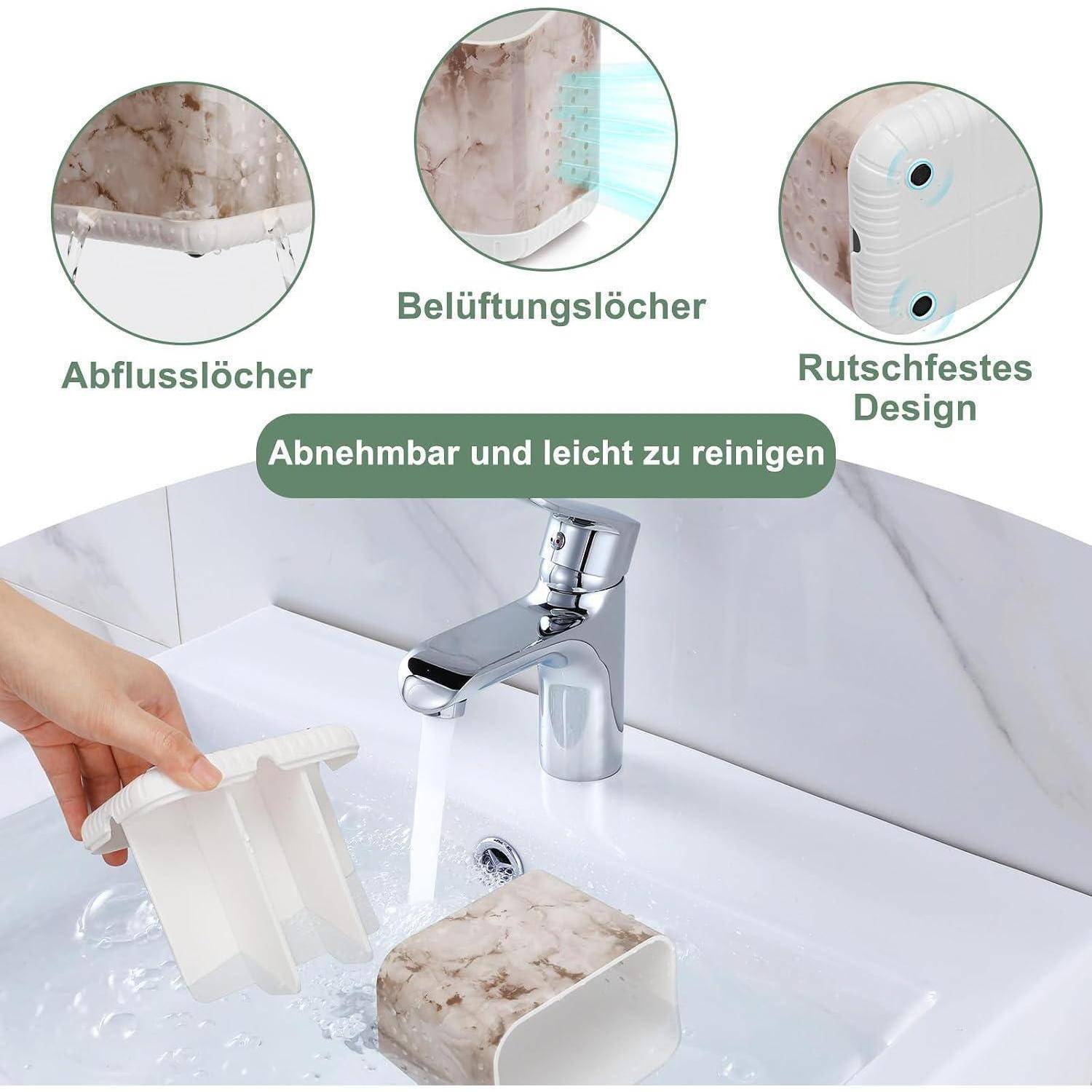 Produktbild einer abnehmbaren Spülenablage, die unter einem Wasserhahn gespült wird, wobei Drainagelöcher, Belüftungslöcher und ein rutschfestes Design zur einfachen Reinigung hervorgehoben werden.