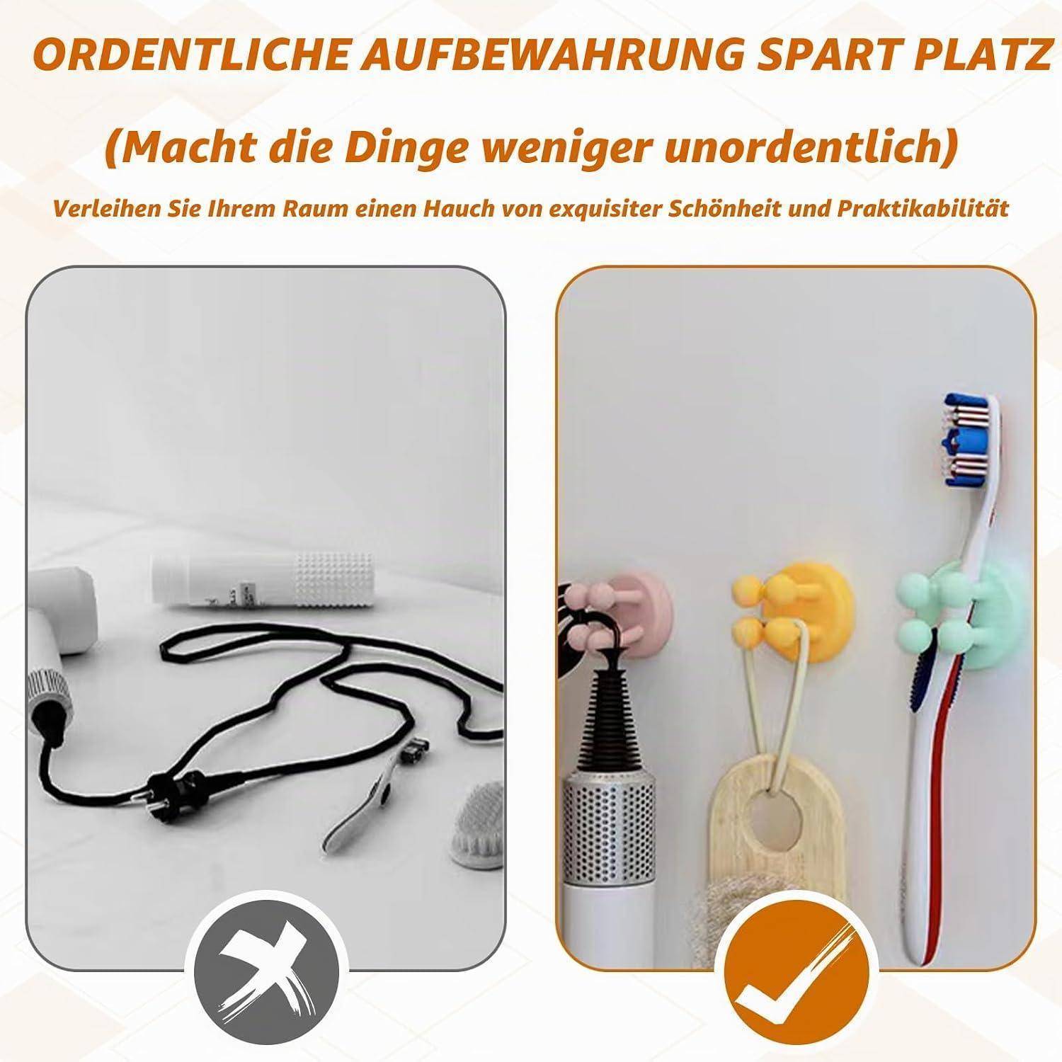 Werbegrafik zeigt Kabelchaos vorher und nachher mit Speicherhaken; Text besagt, dass ordentliche Lagerung Platz spart und Dinge weniger unordentlich macht.