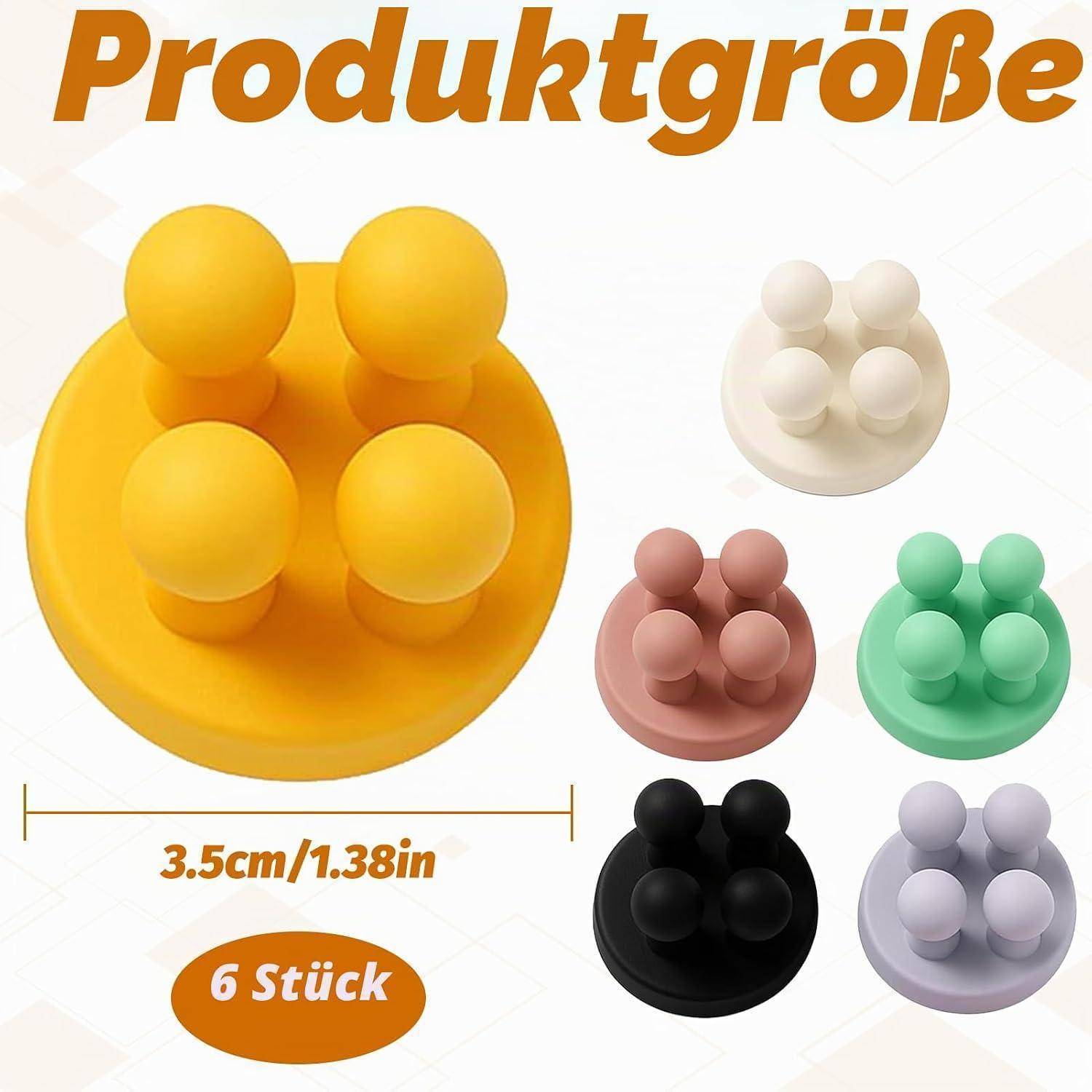 Produktgrößentabelle mit sechs kleinen Saugnapfhalterungen in verschiedenen Farben; das größte Modell misst 3,5 cm/1,38 Zoll und die Packung enthält 6 Stück.