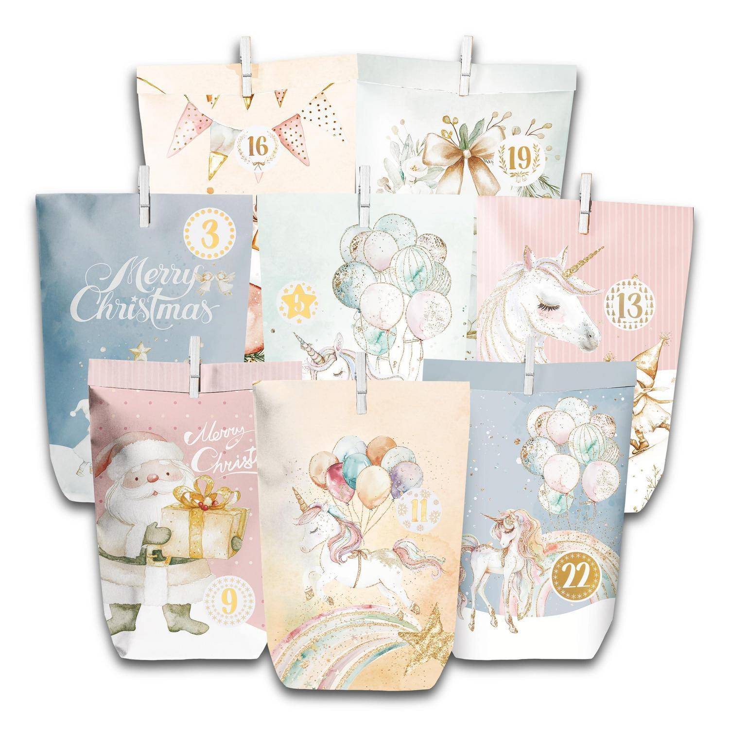 Sortierte pastellfarbene Weihnachtsgeschenktüten und Papiertüten mit Einhorn-, Weihnachtsmann-, Ballon- und „Frohe Weihnachten
