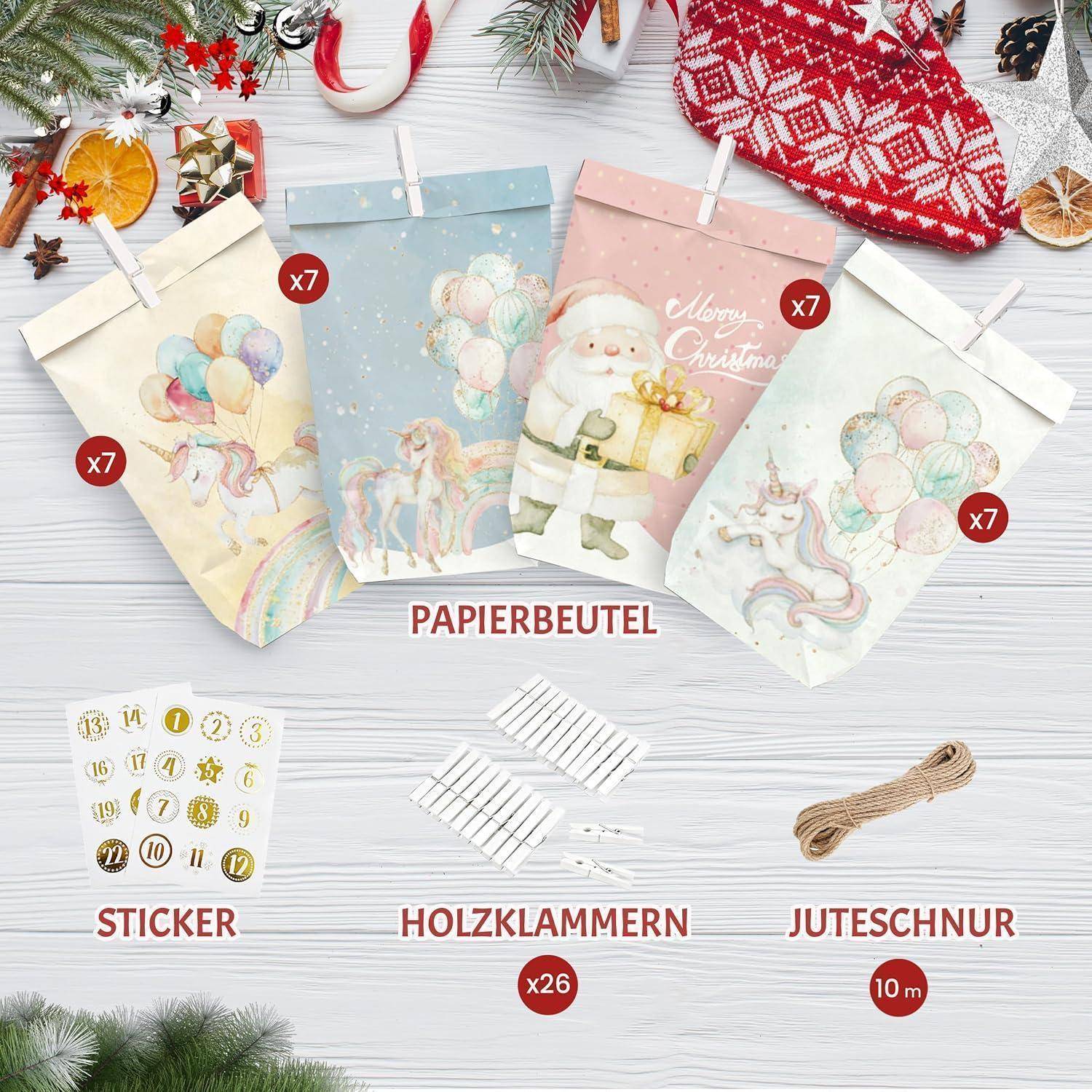 Weihnachtsgeschenkverpackungsset mit 4 Papiertüten, Aufklebern, Holzklammern und 10 m Schnur, dargestellt mit festlichen Weihnachtsmann- und Einhorndesigns.