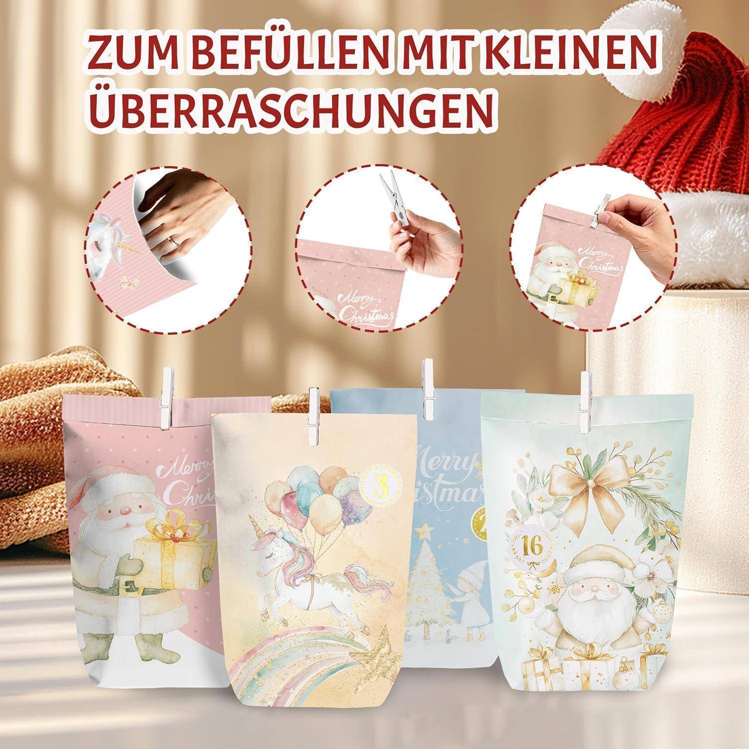 Weihnachtsgeschenktüten mit Clips, dargestellt als kleine befüllbare Überraschungstüten mit festlichen Pastelldesigns und deutschem Text „Zum Befüllen mit kleinen Überraschungen