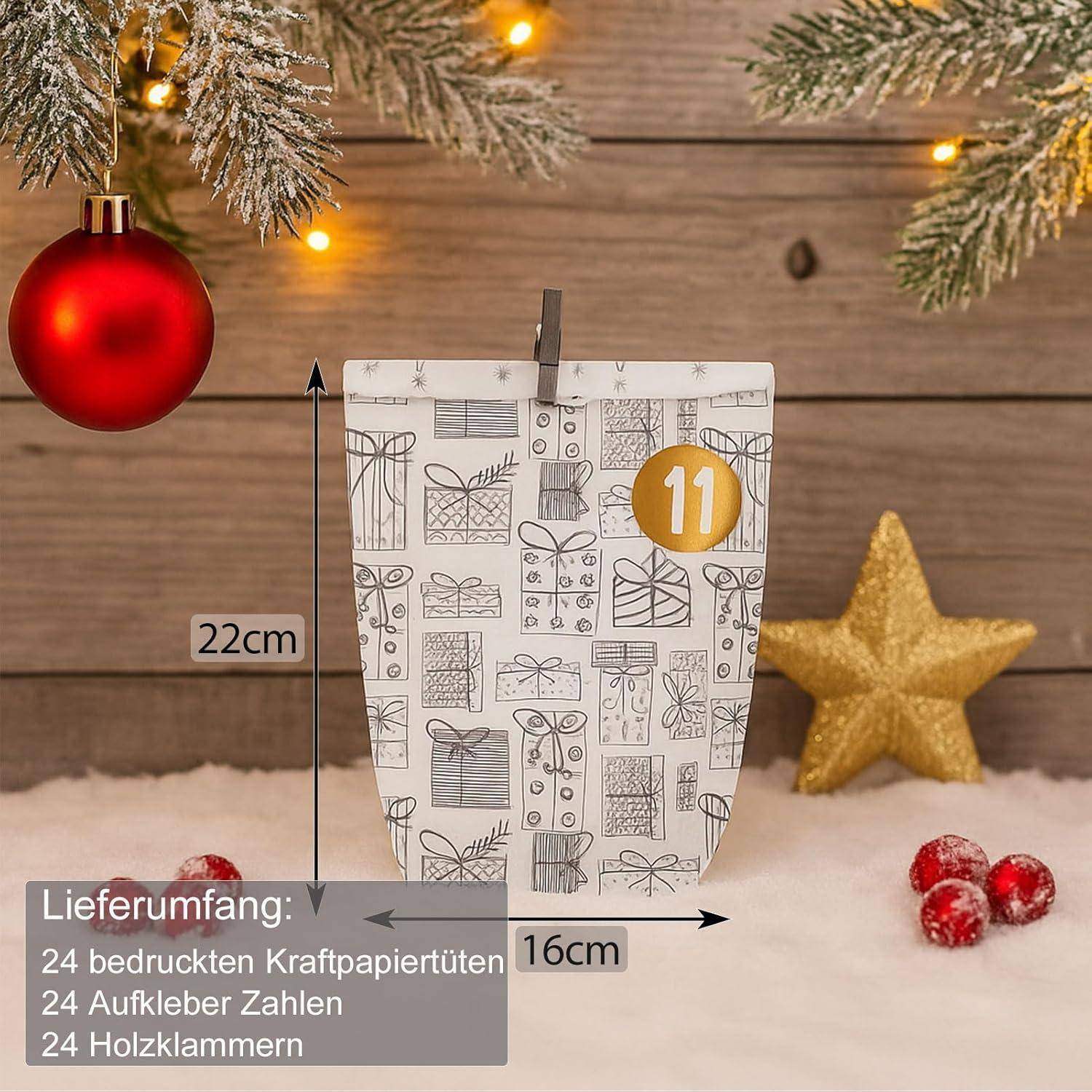 Festliches Geschenktaschenset mit den Maßen 22 cm x 16 cm; enthält 24 bedruckte Papiertüten, Nummernaufkleber und Holzclips.