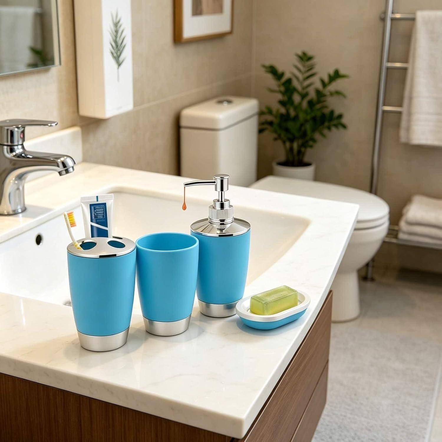 Badezimmerspüle mit blauem Seifenspender, Zahnputzbecher, Zahnbürstenhalter und Seifenschale neben einer Toilette und einem Duschbereich.