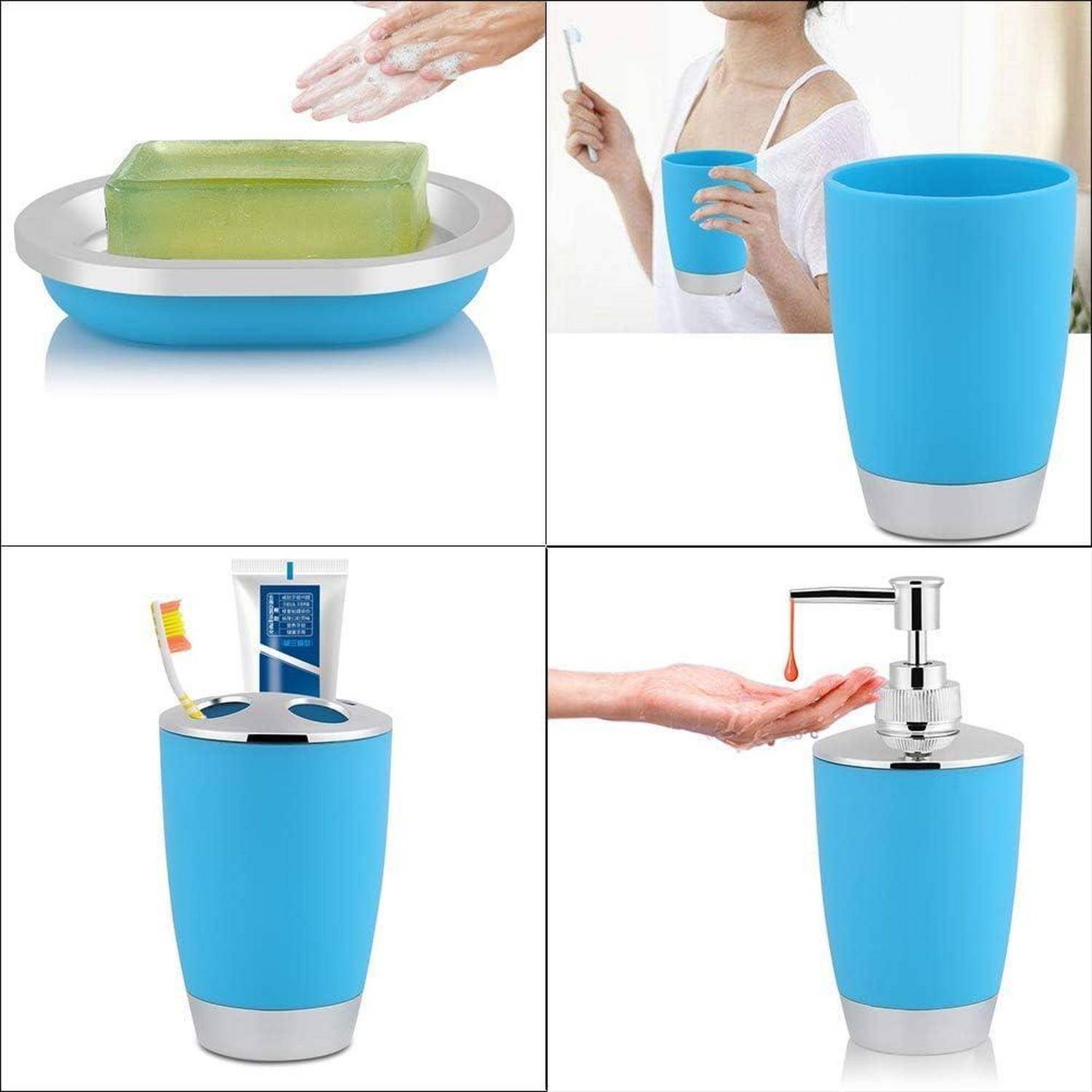 Collage mit einem blauen Badezimmer-Spenderset: Seifenschale mit Stück Seife, Zahnbürstenhalter, Becher und Lotion- oder Seifenspender mit Pumpe.