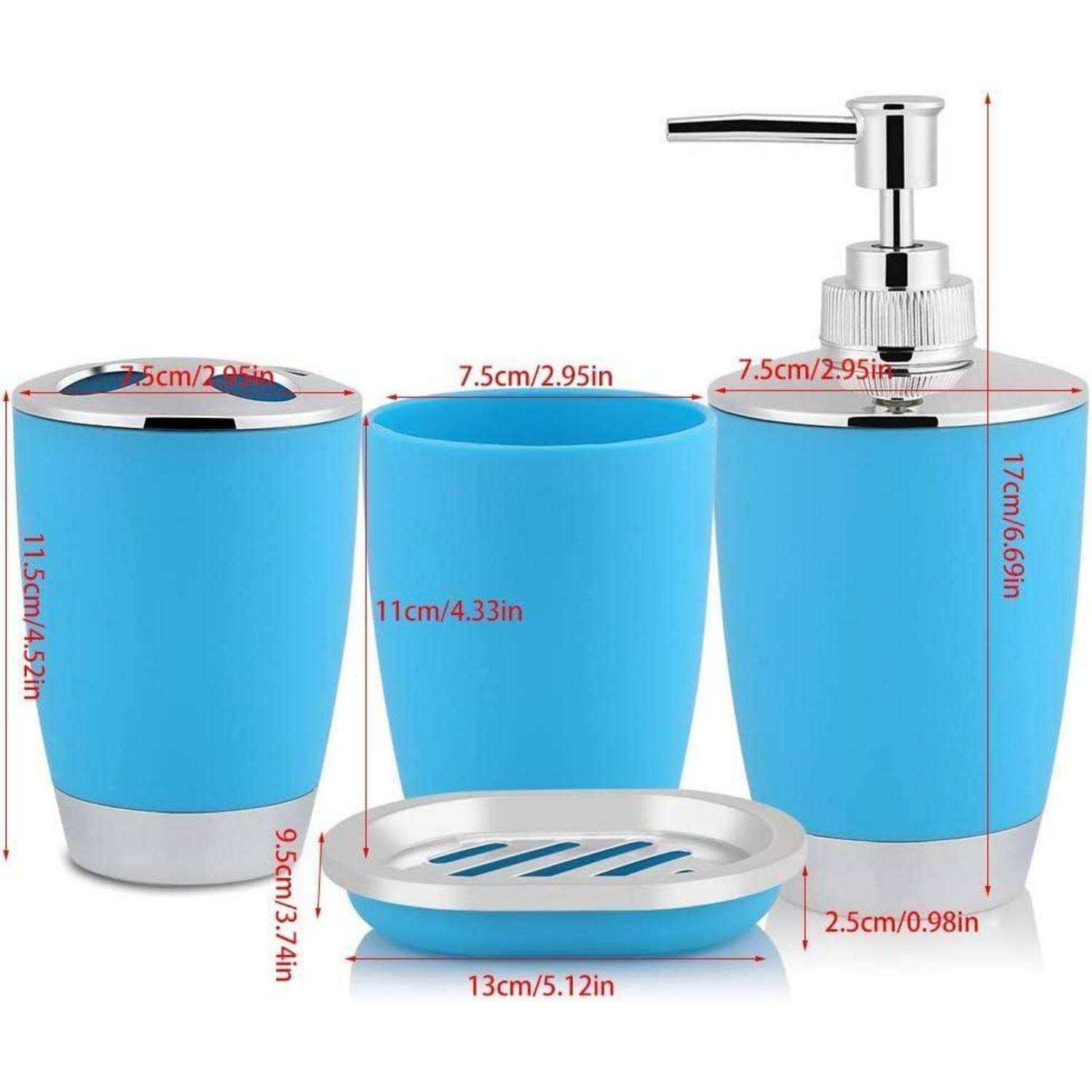 Blaues Badezimmer-Accessoire-Set mit Seifenspender, Zahnputzbecher, Seifenschale und Behälter mit Deckel, dargestellt mit Größenmessungen.