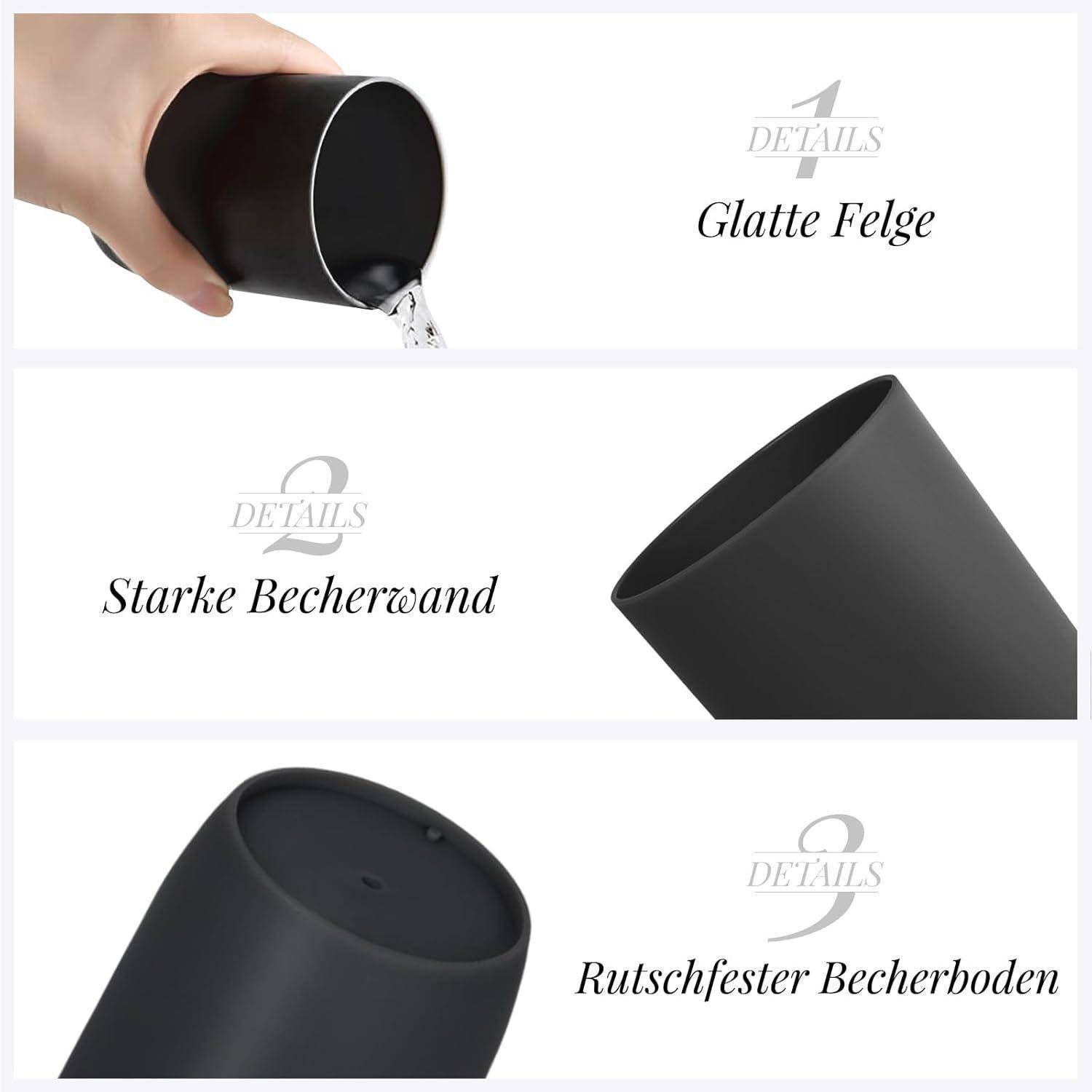Dreiteiliges Produktbild einer schwarzen Tasse, das die 