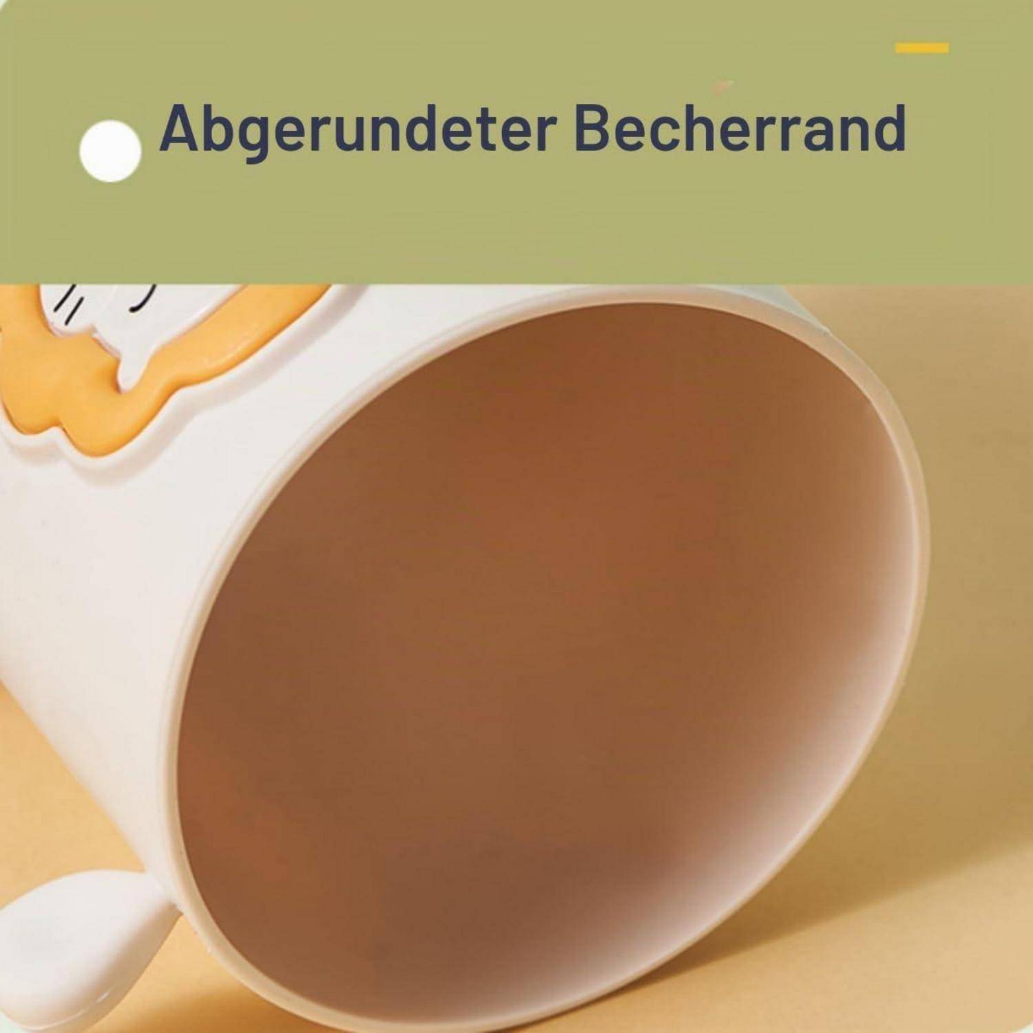Nahaufnahme einer weißen Tasse mit abgerundeter Form und warmem beigefarbenem Innenraum, beschriftet mit 