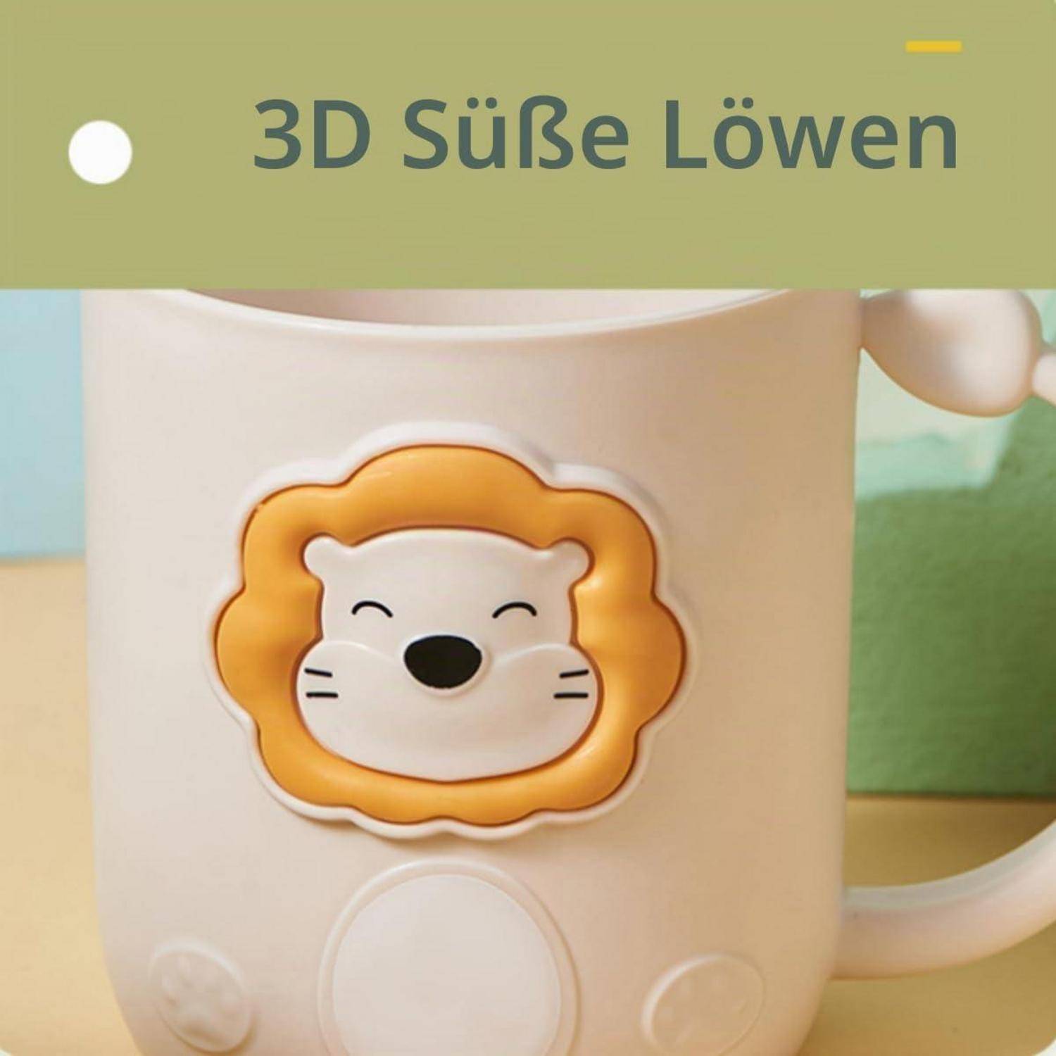 Eine beige Tasse mit einem niedlichen lächelnden Löwengesicht-Design und dem Text „3D Süße Löwen