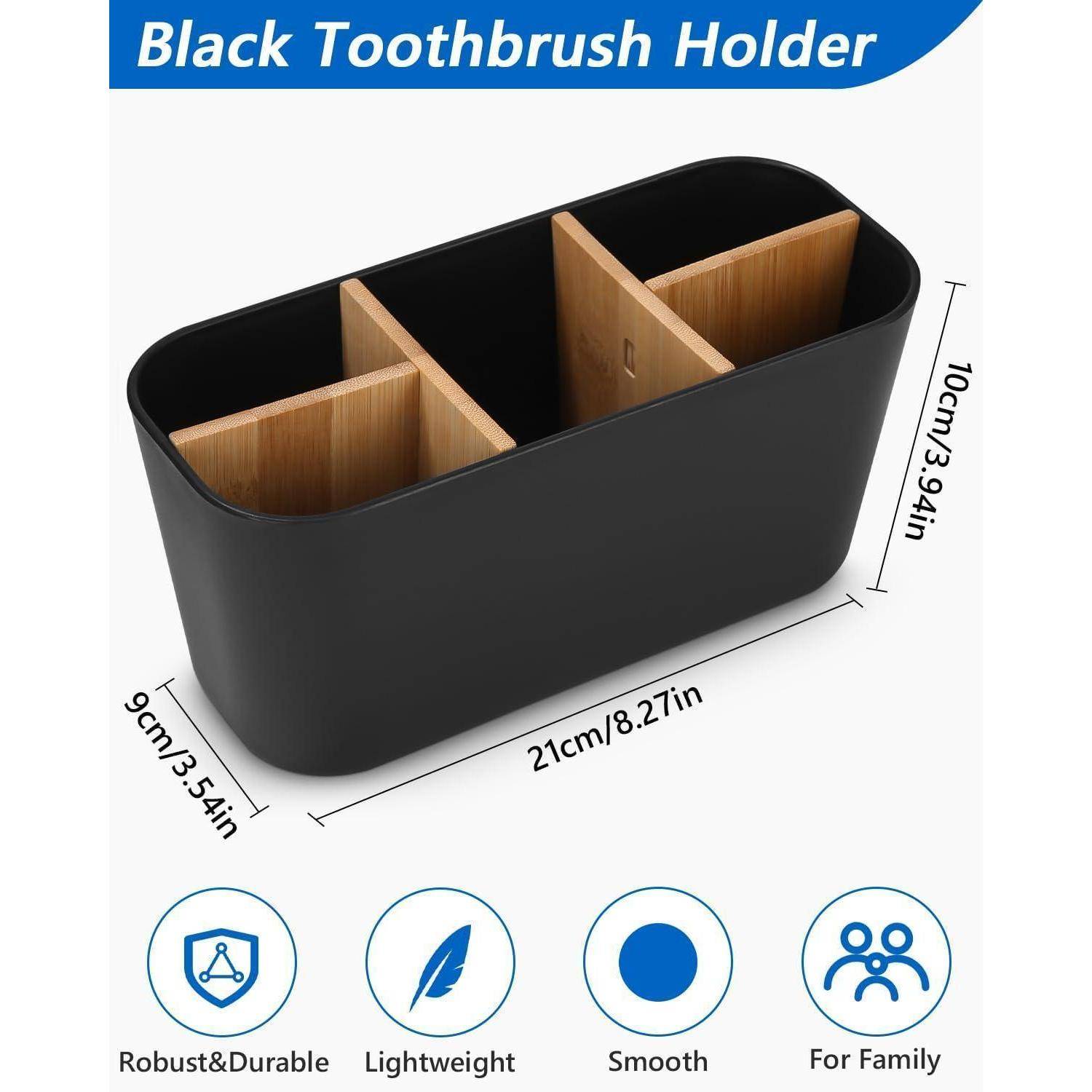 Schwarzer Zahnbürstenhalter mit Bambusunterteilungen und Abmessungen von 21 x 9 x 10 cm; gekennzeichnet als robust und langlebig, leicht, glatt, für die Familie.
